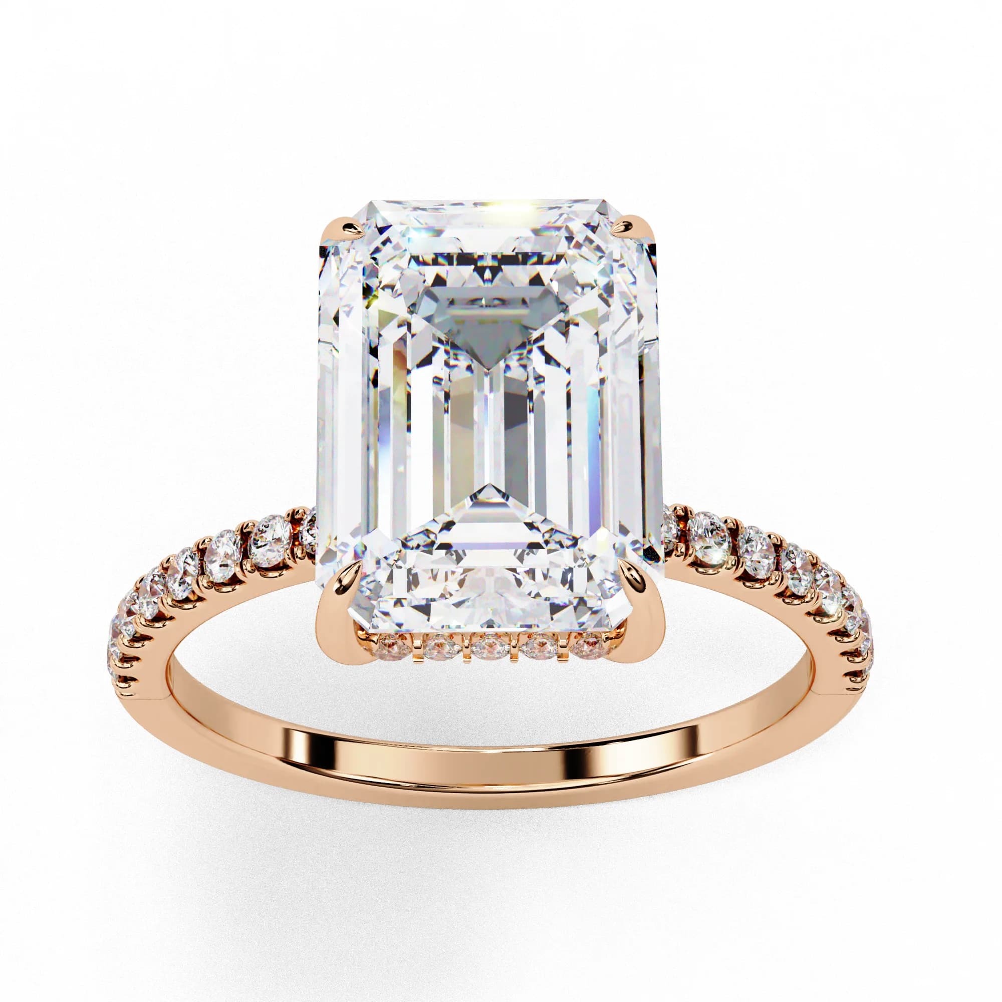 Emerald cut hidden halo engagement ring in rose gold