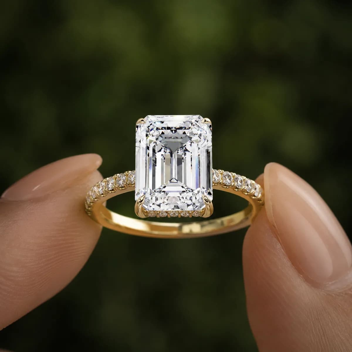 Emerald cut engagement ring held between fingertips