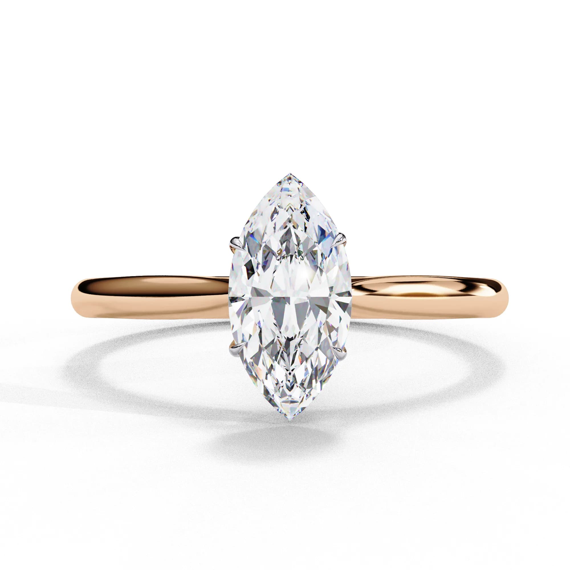 Marquise lab grown diamond cathedral solitaire engagement ring in rose gold, front view