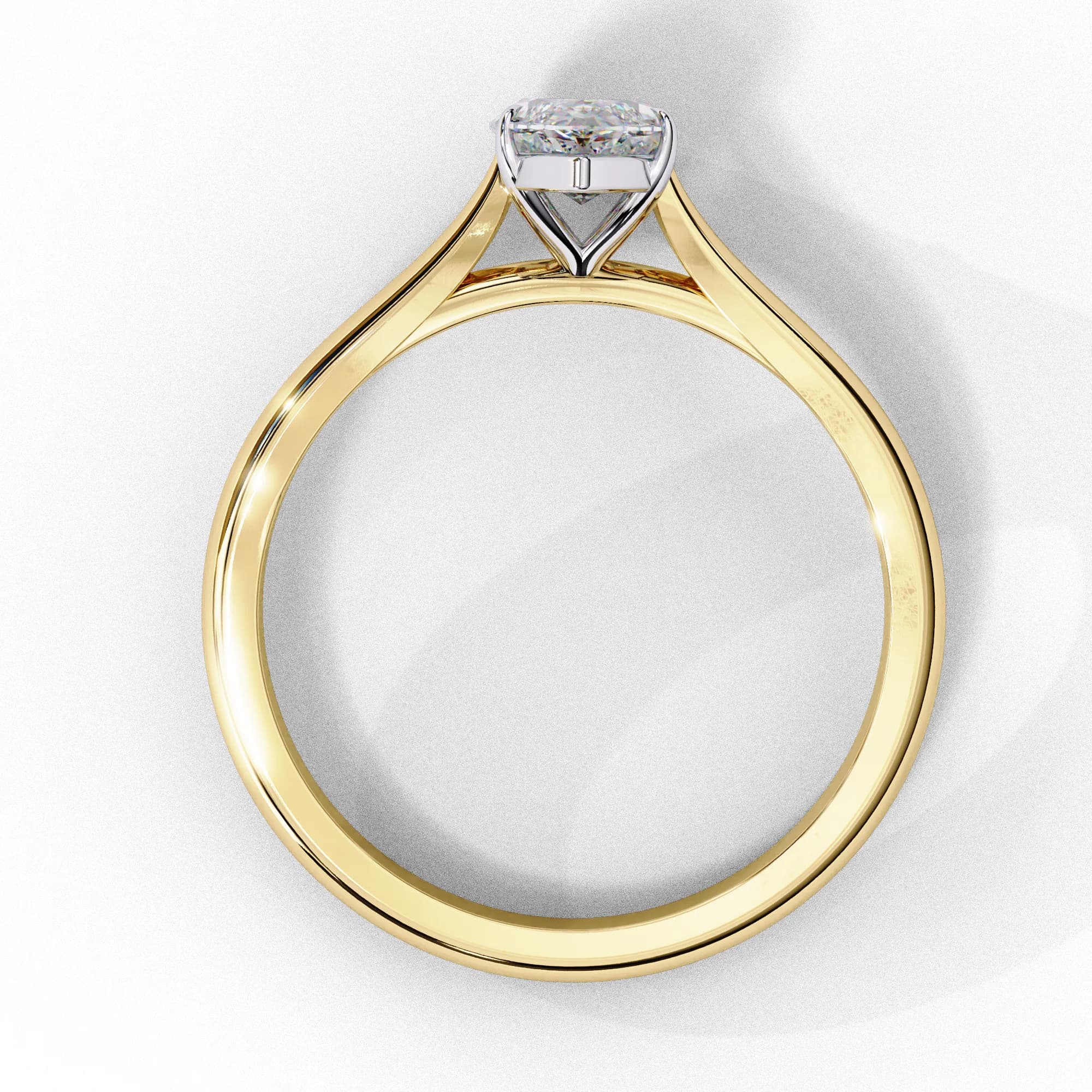Marquise lab grown diamond cathedral solitaire engagement ring in yellow gold, through-finger view