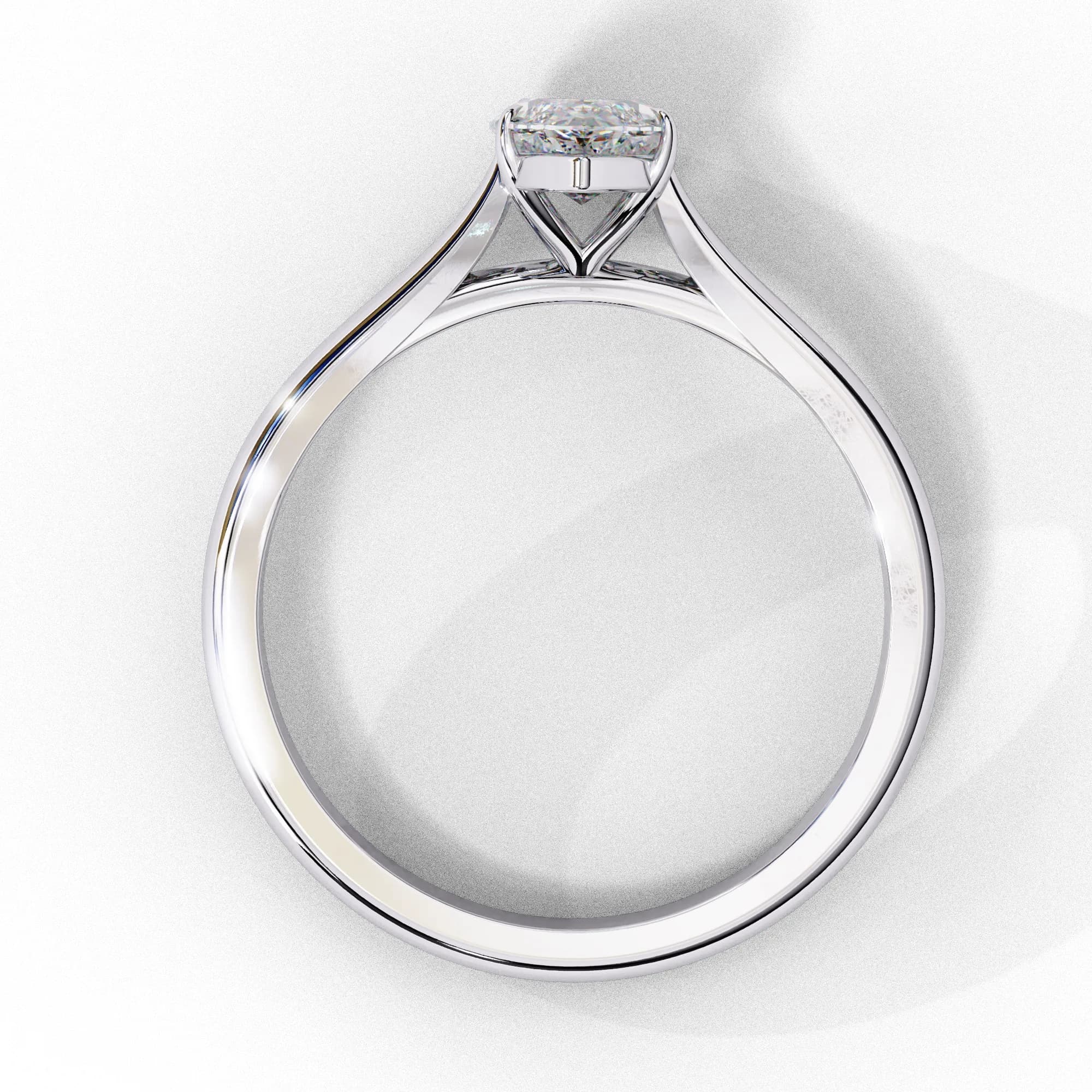 Marquise lab grown diamond cathedral solitaire engagement ring in white gold, through-finger view