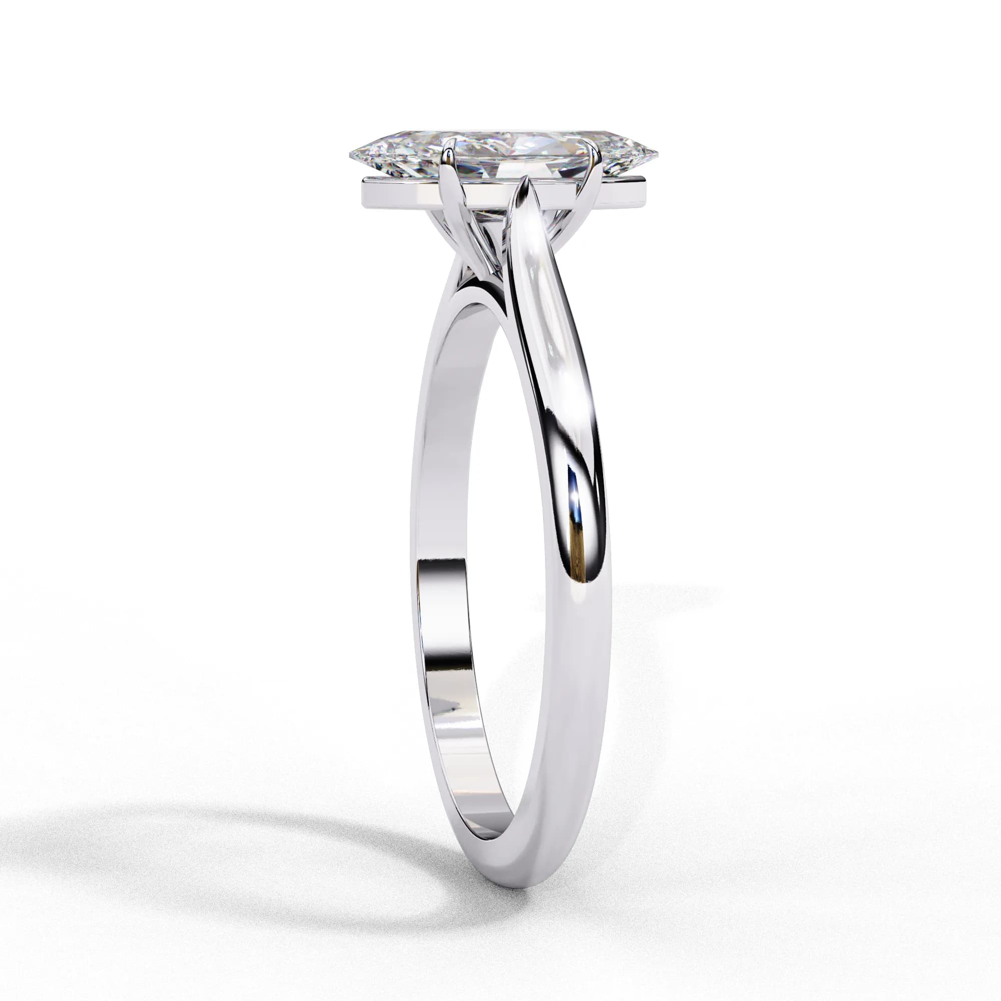 Marquise lab grown diamond cathedral solitaire engagement ring in white gold, side profile view