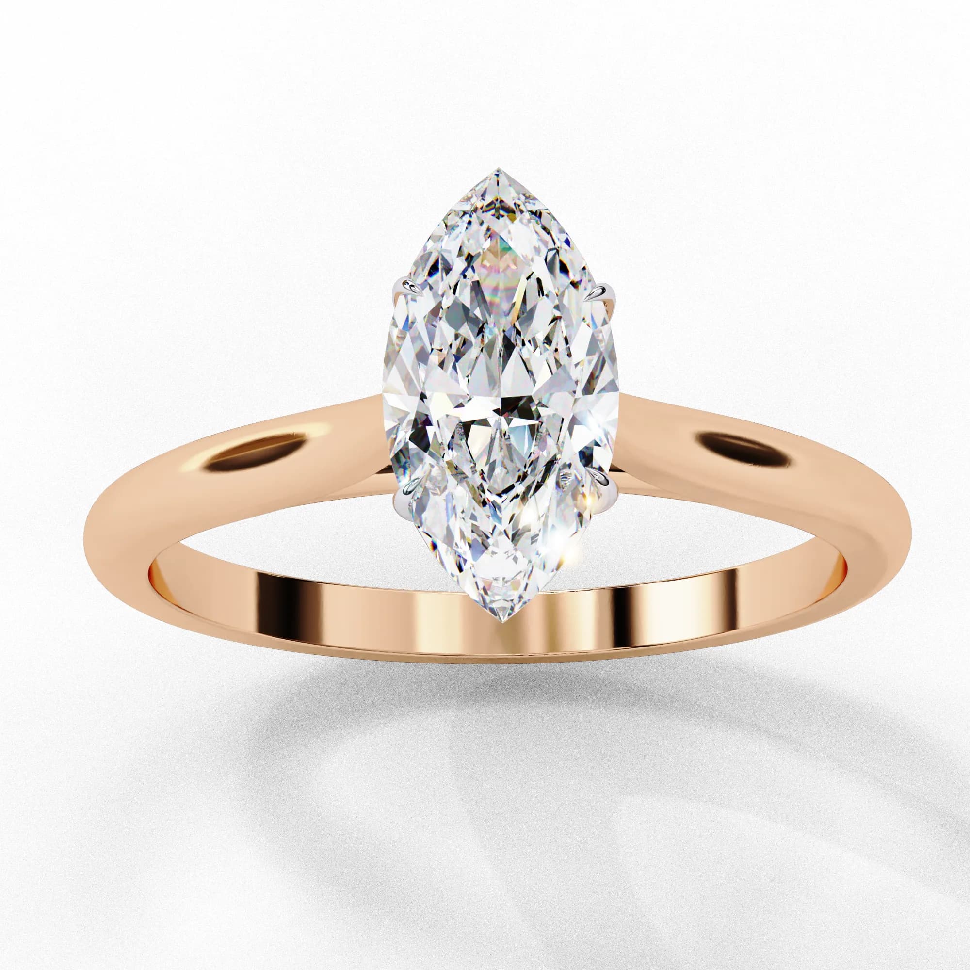 Marquise lab grown diamond cathedral solitaire engagement ring in rose gold, angled view