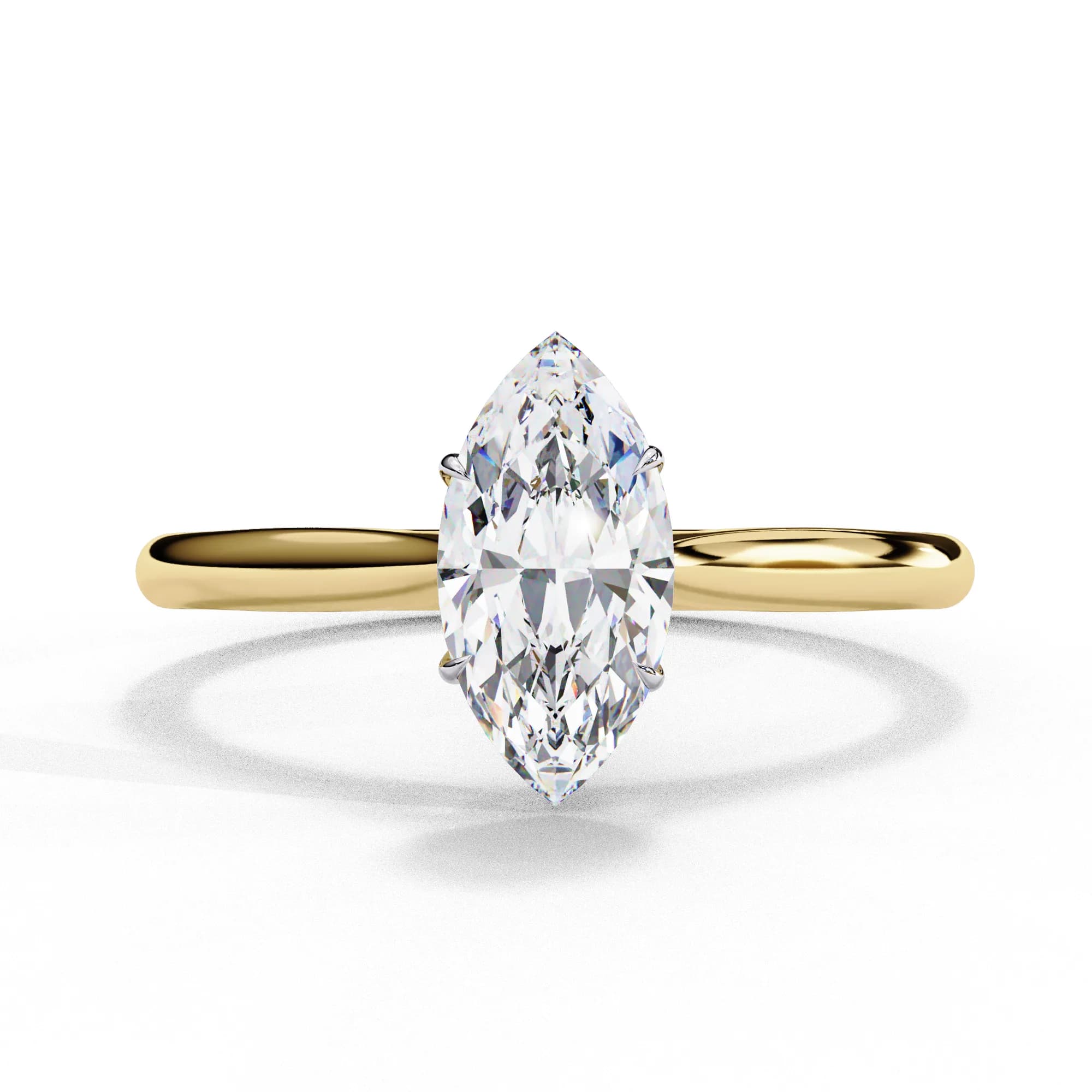 Marquise lab grown diamond cathedral solitaire engagement ring in yellow gold, front view