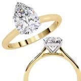 Pear cut lab grown diamond cathedral solitaire engagement ring in yellow gold, two-view composition