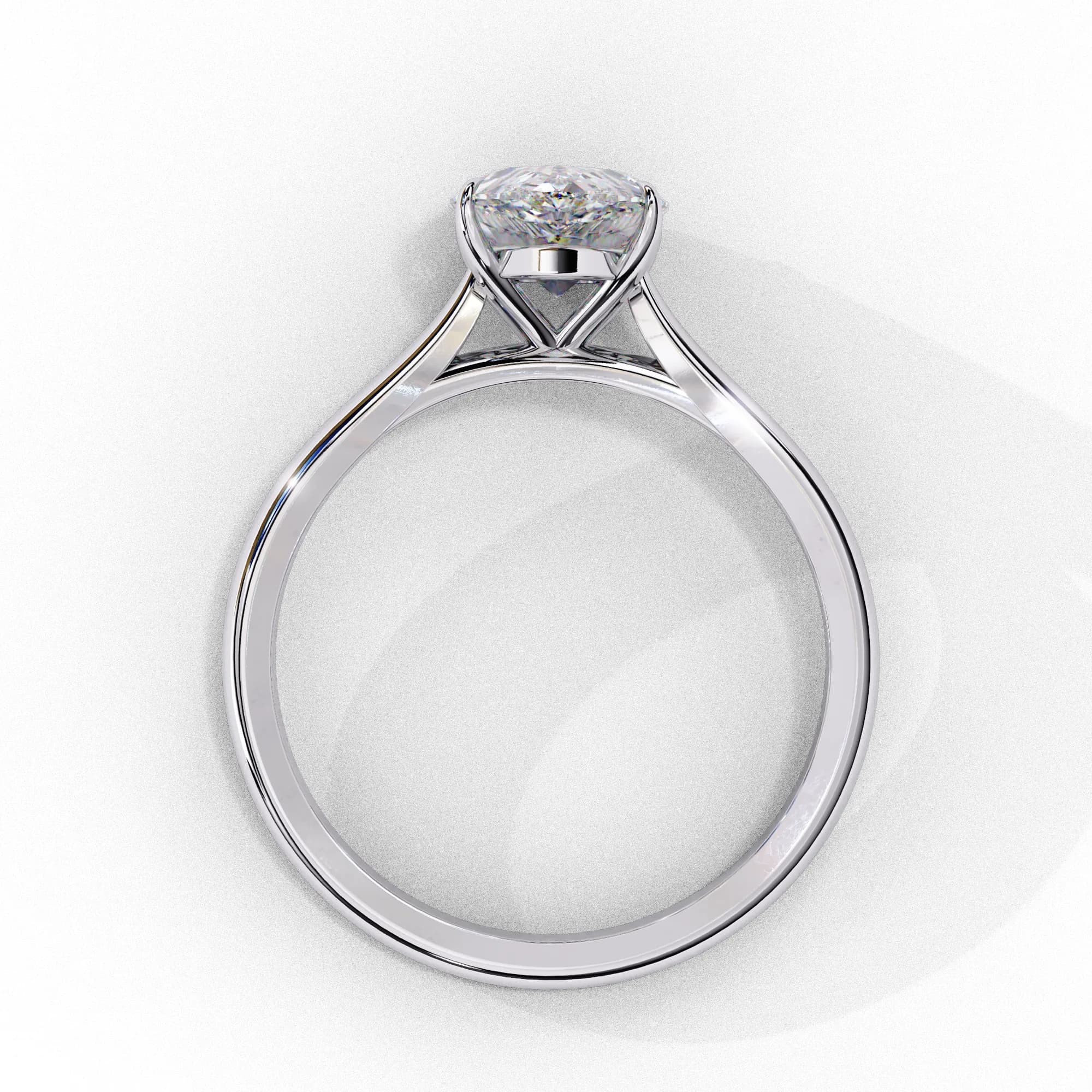 Pear cut lab grown diamond cathedral solitaire engagement ring in white gold, through-finger view