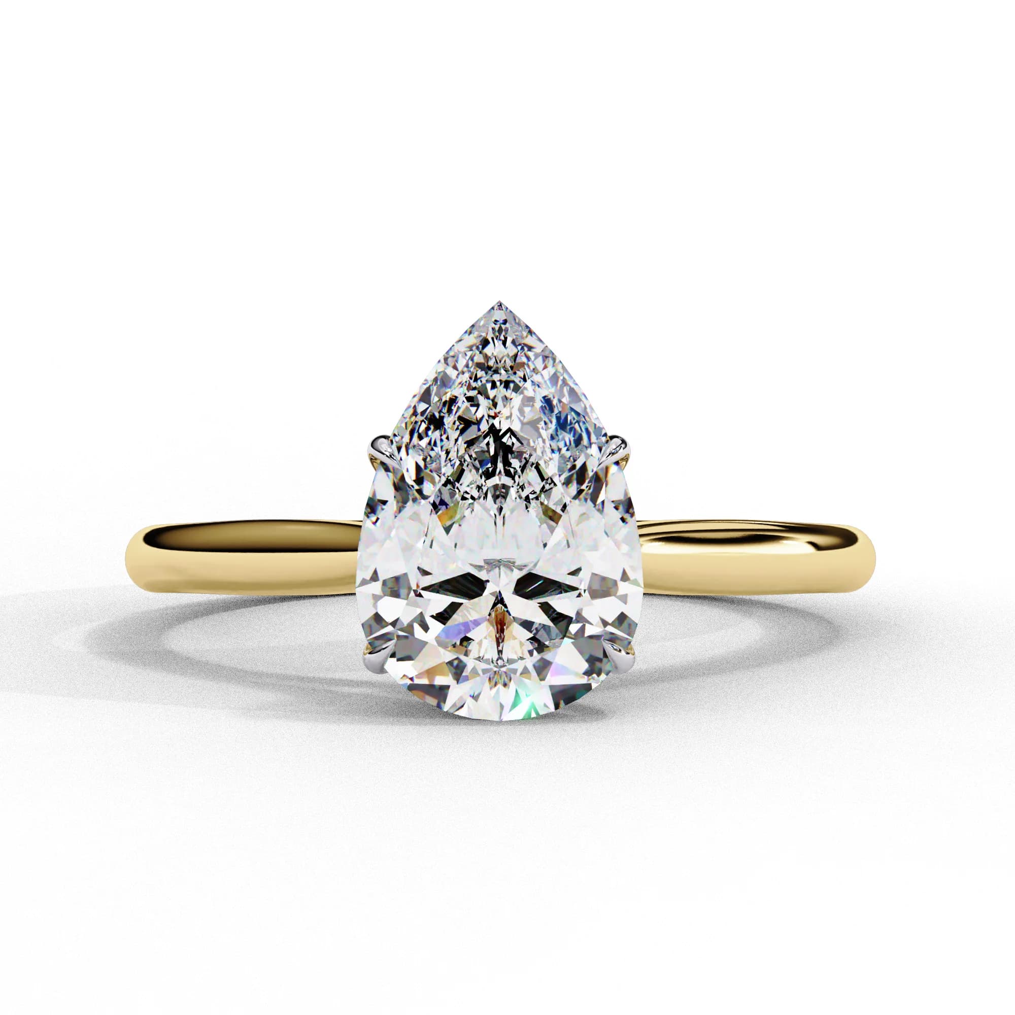 Pear cut lab grown diamond cathedral solitaire engagement ring in yellow gold, front view