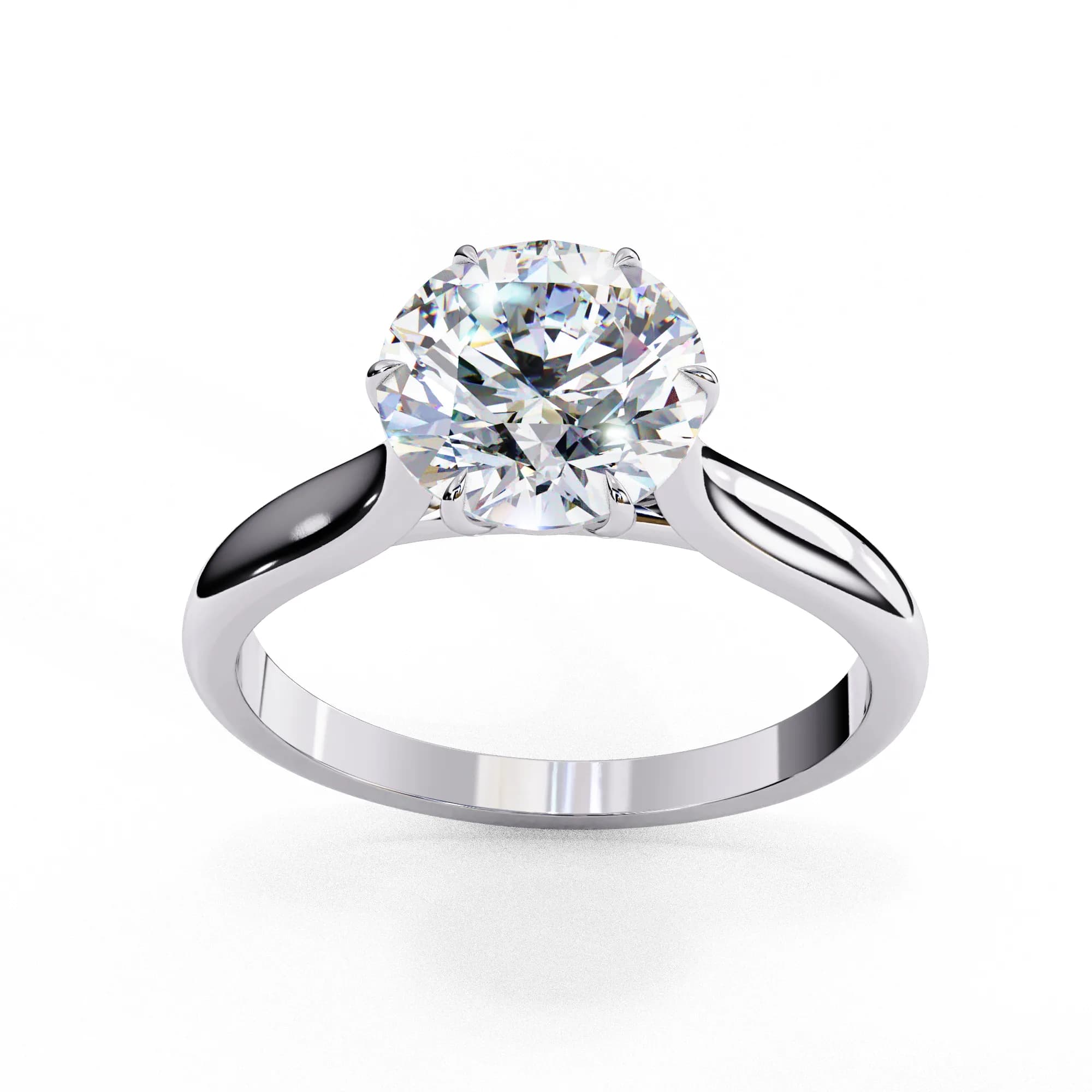 Round lab grown diamond six-prong solitaire engagement ring in white gold, three-quarter view