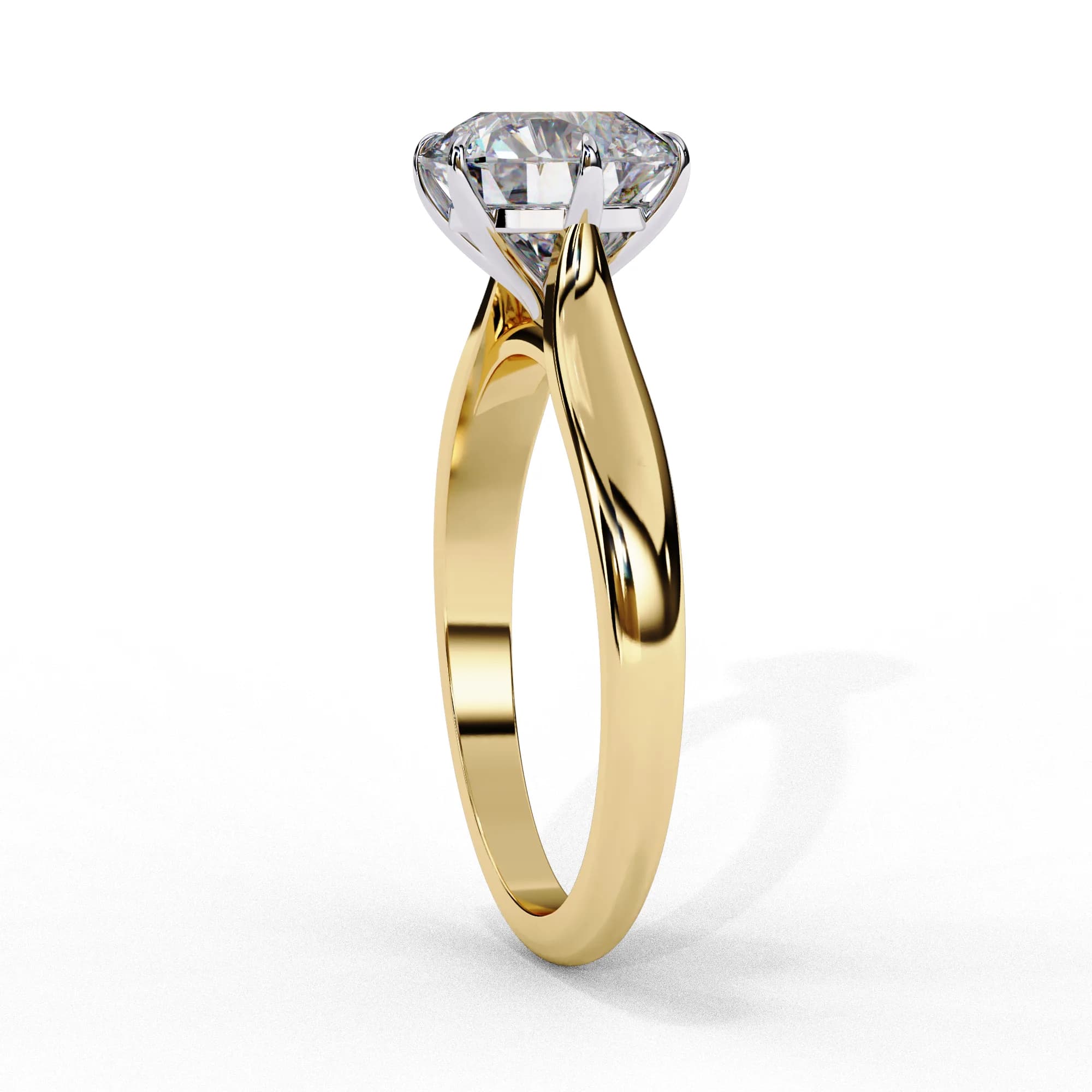 Round lab grown diamond six-prong solitaire engagement ring in yellow gold, side profile view