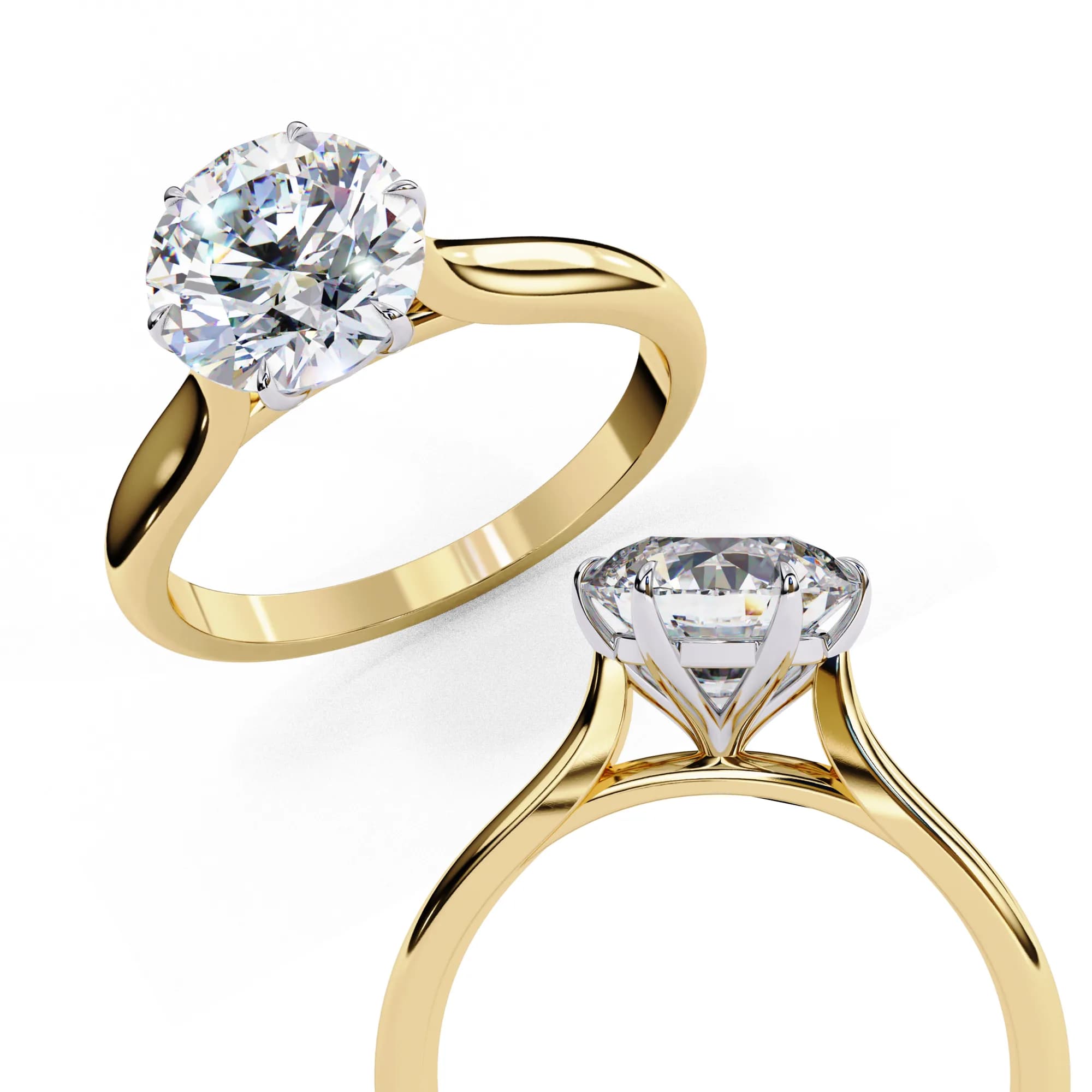 Round lab grown diamond six-prong solitaire engagement ring in yellow gold, shown from two angles