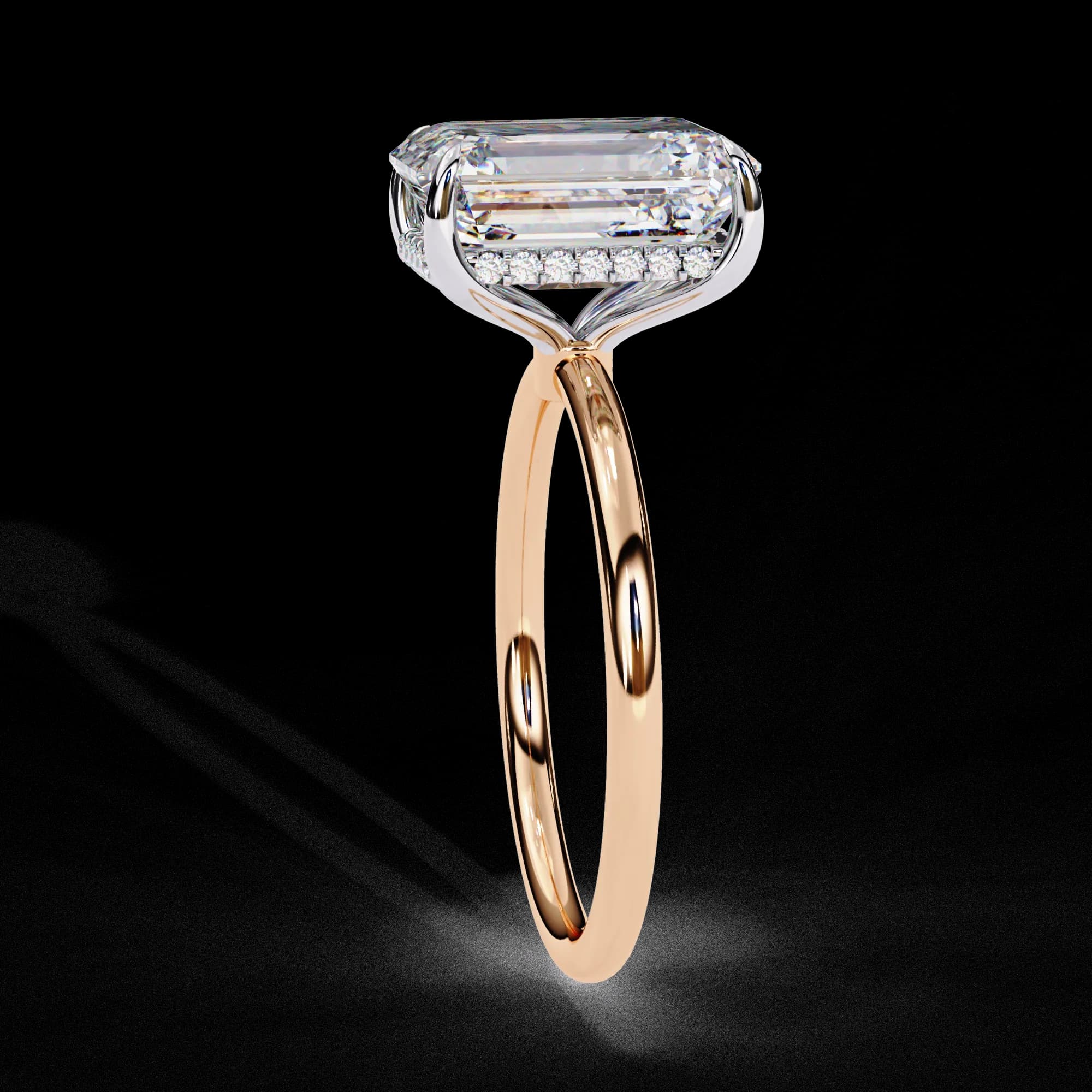 Radiant cut lab grown diamond hidden halo solitaire engagement ring in rose gold, side profile view