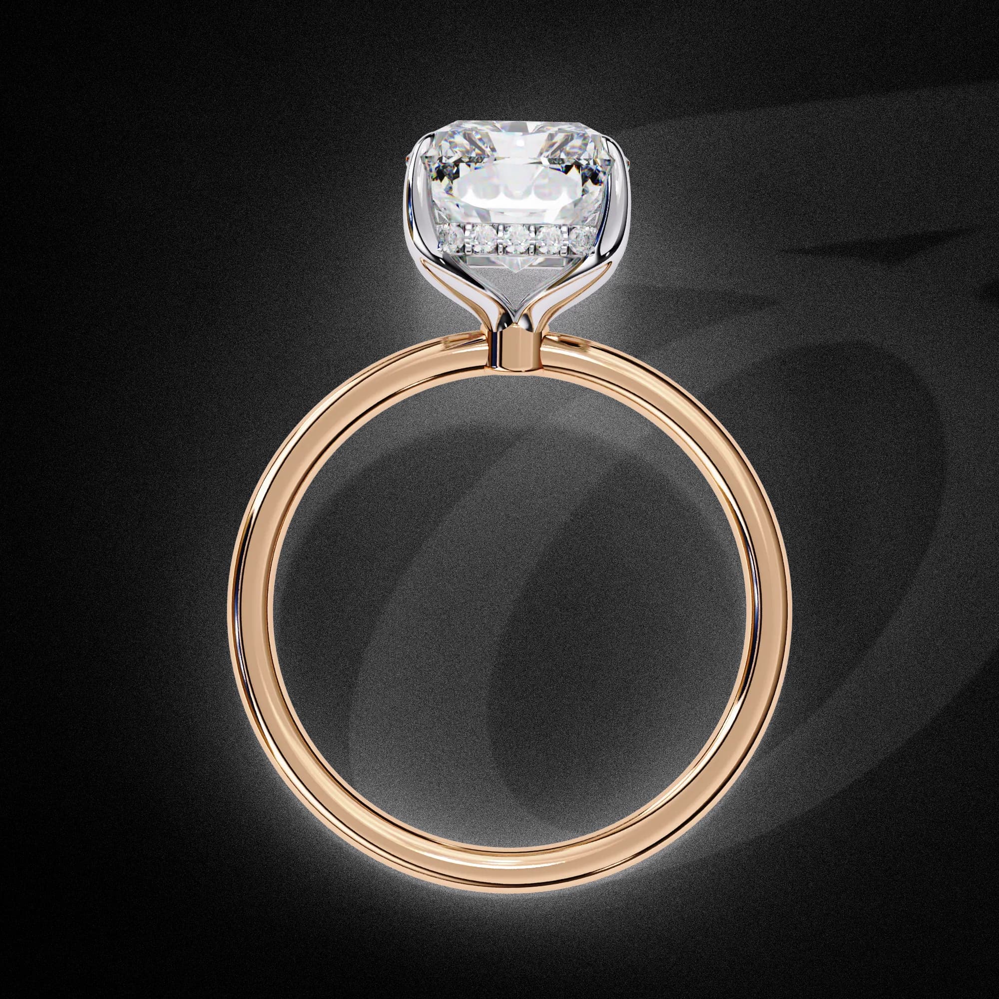 Radiant cut lab grown diamond hidden halo solitaire engagement ring in rose gold, through-finger view