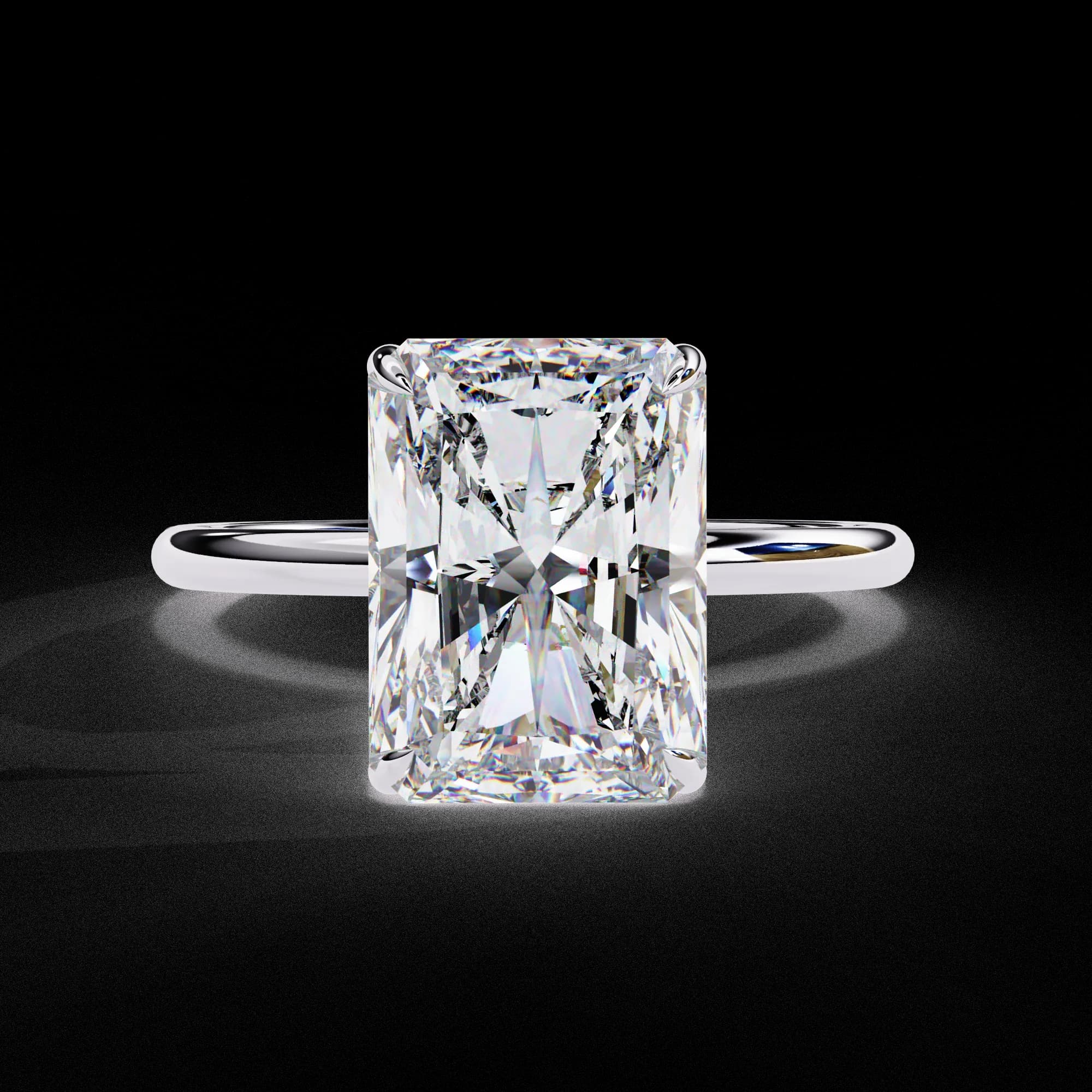 Radiant cut lab grown diamond hidden halo solitaire engagement ring in white gold, front view