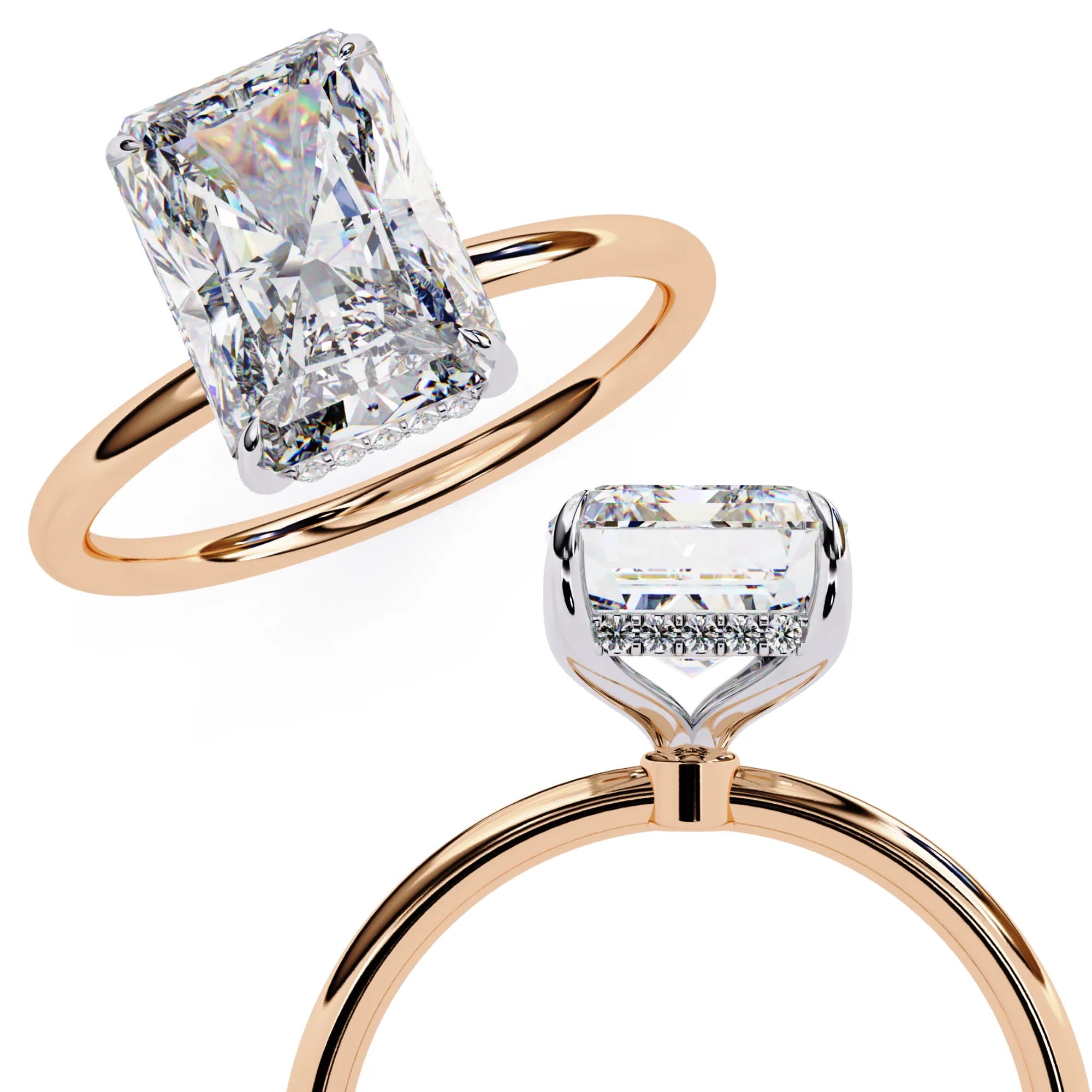 Radiant cut lab grown diamond hidden halo solitaire engagement ring in rose gold, angled and through-finger detail views