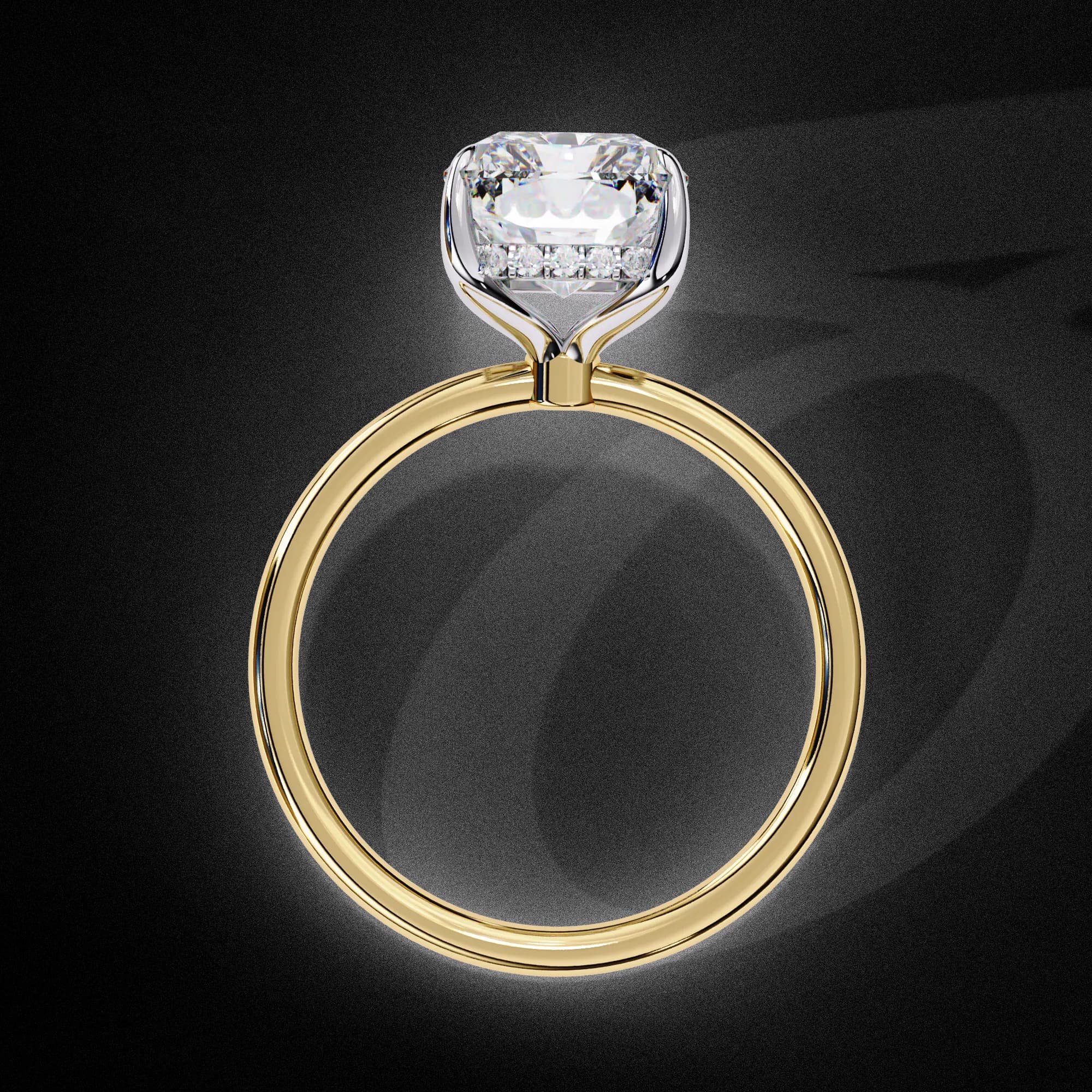 Radiant cut lab grown diamond hidden halo solitaire engagement ring in yellow gold, through-finger view