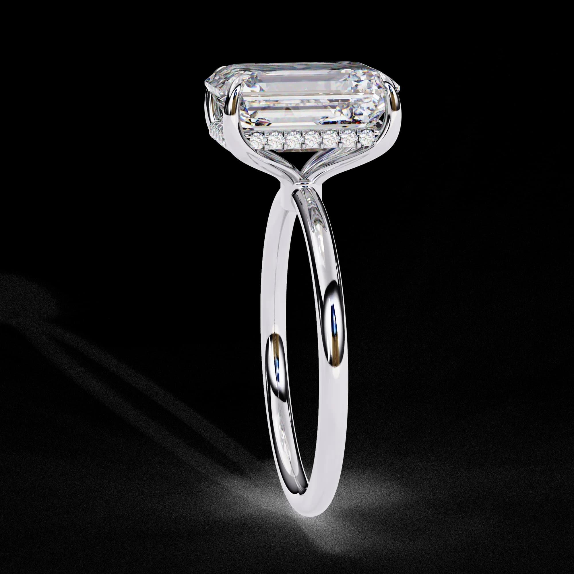 Radiant cut lab grown diamond hidden halo solitaire engagement ring in white gold, side profile view