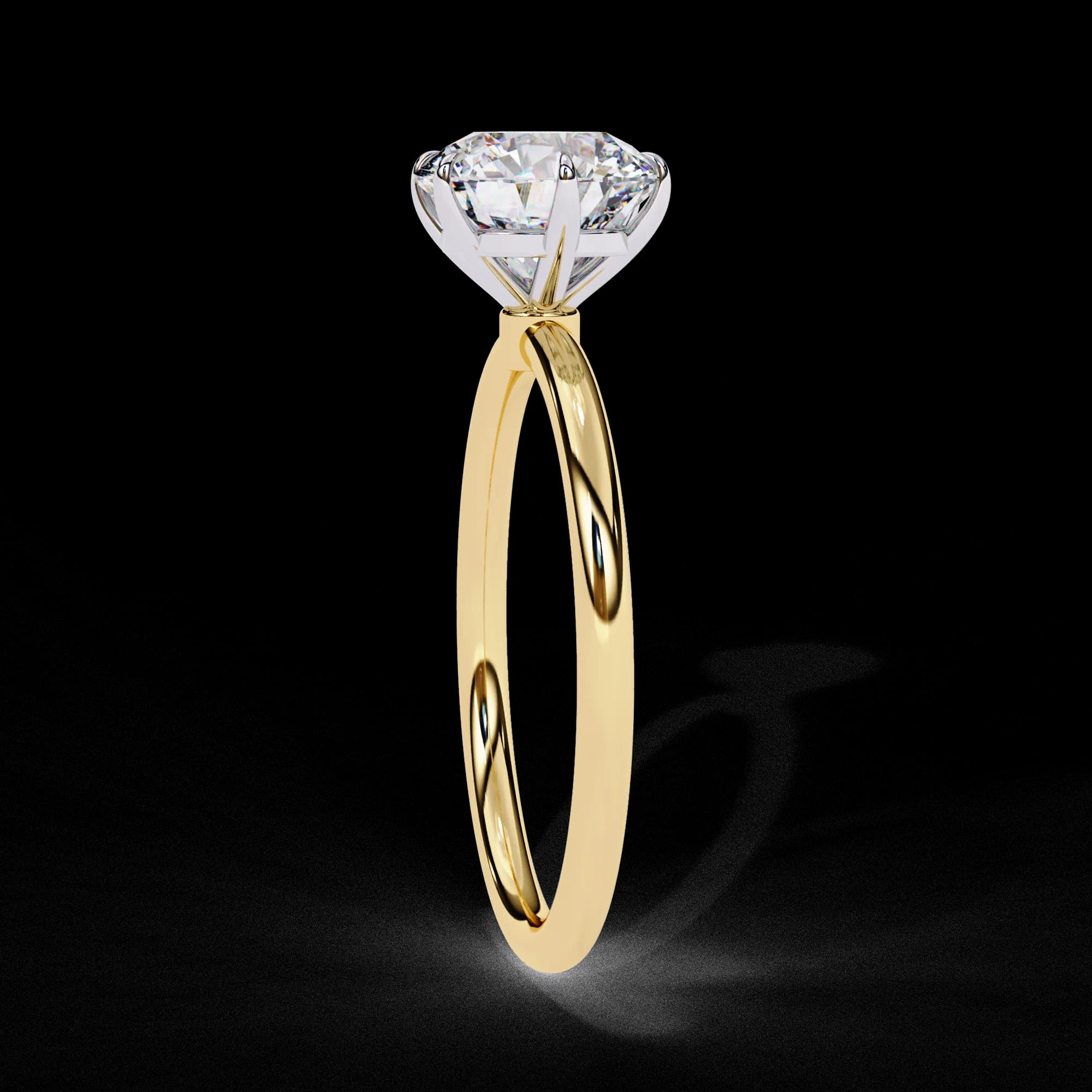 Round lab grown diamond six-prong solitaire engagement ring in yellow gold, side profile view