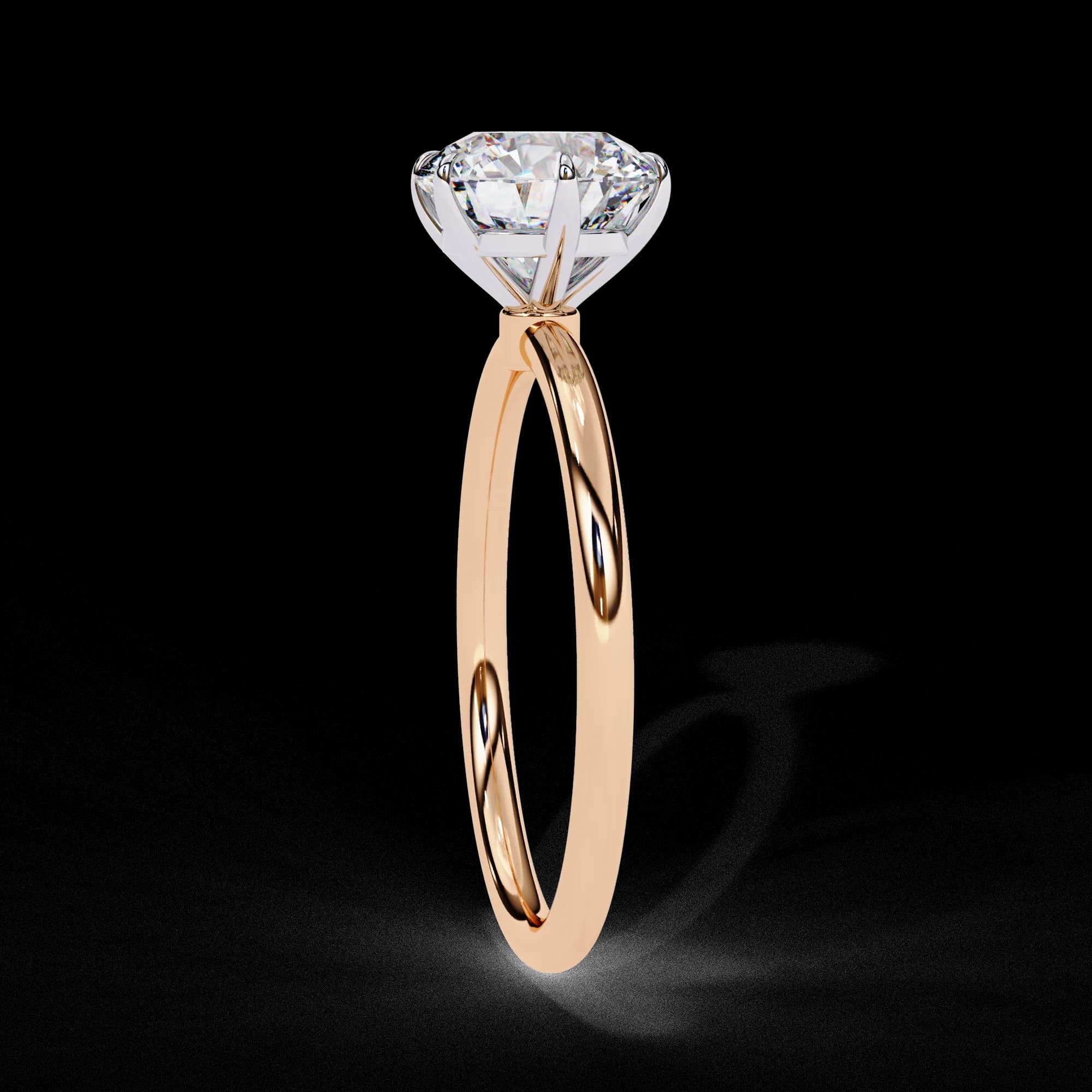 Round lab grown diamond six-prong solitaire engagement ring in rose gold, side profile view
