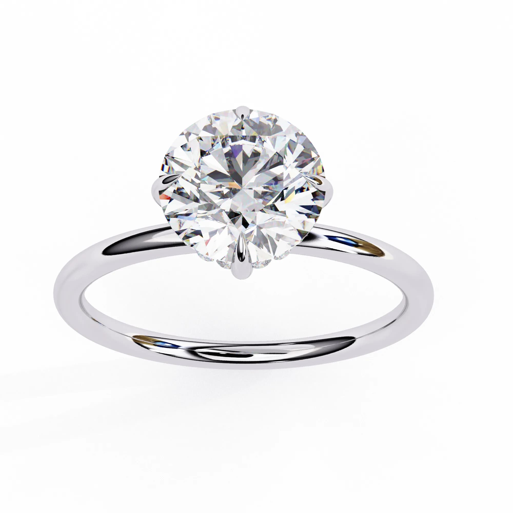 Round lab grown diamond six-prong solitaire engagement ring in white gold, angled view