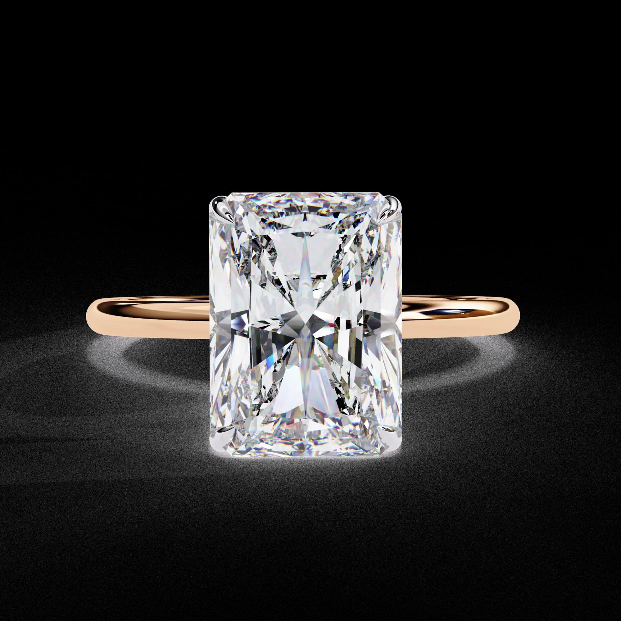 Radiant cut lab grown diamond four-claw solitaire engagement ring in rose gold, front view