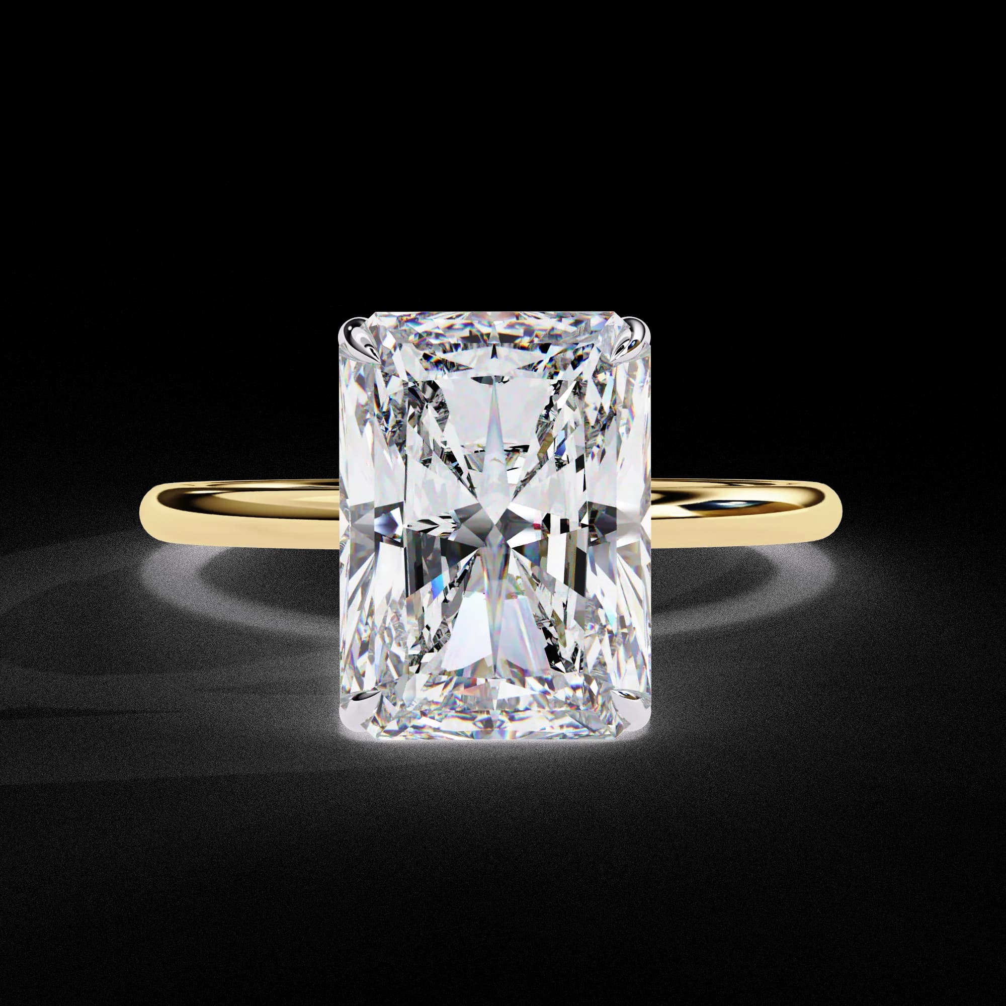 Radiant cut lab grown diamond four-claw solitaire engagement ring in yellow gold, front view