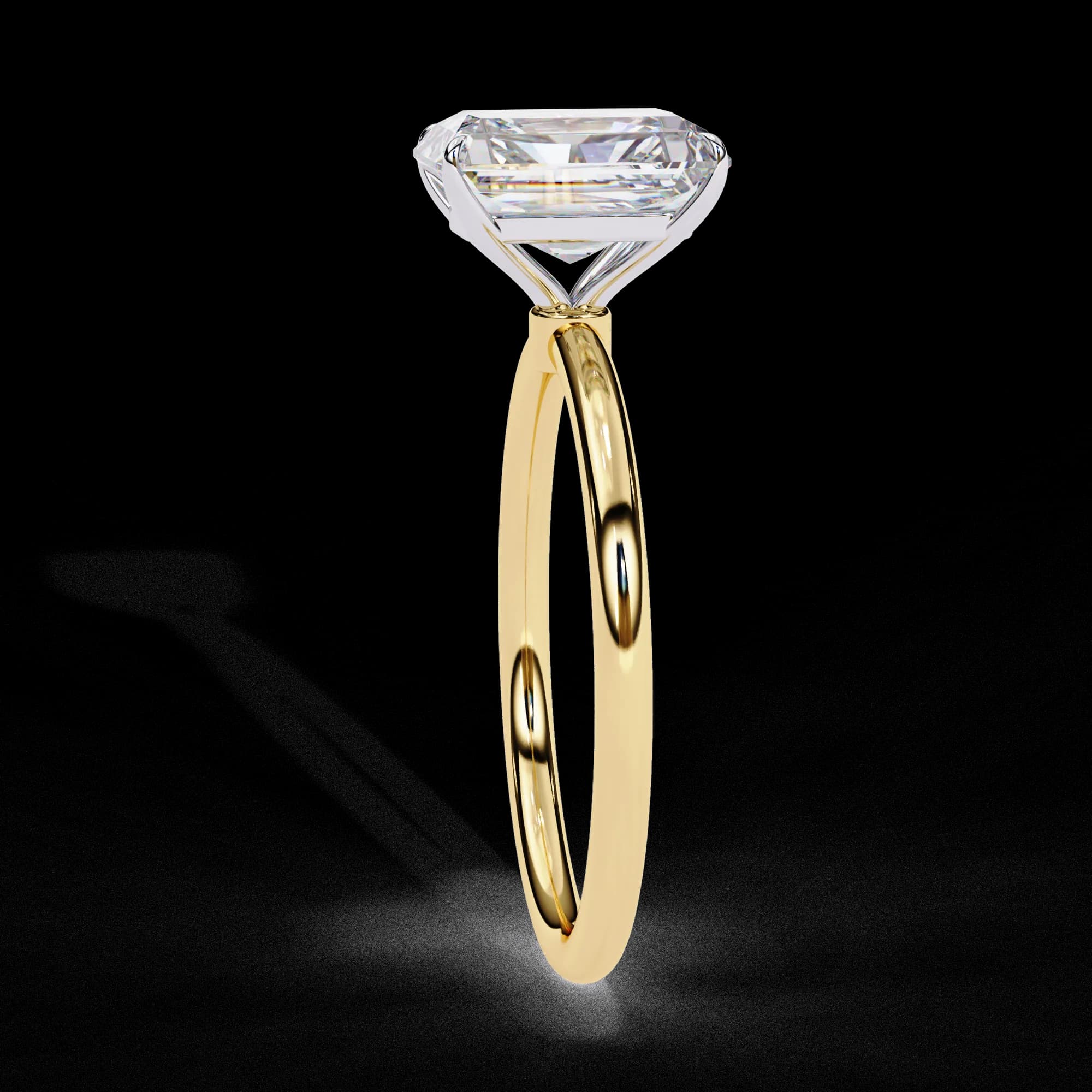 Radiant cut lab grown diamond four-claw solitaire engagement ring in yellow gold, side profile view