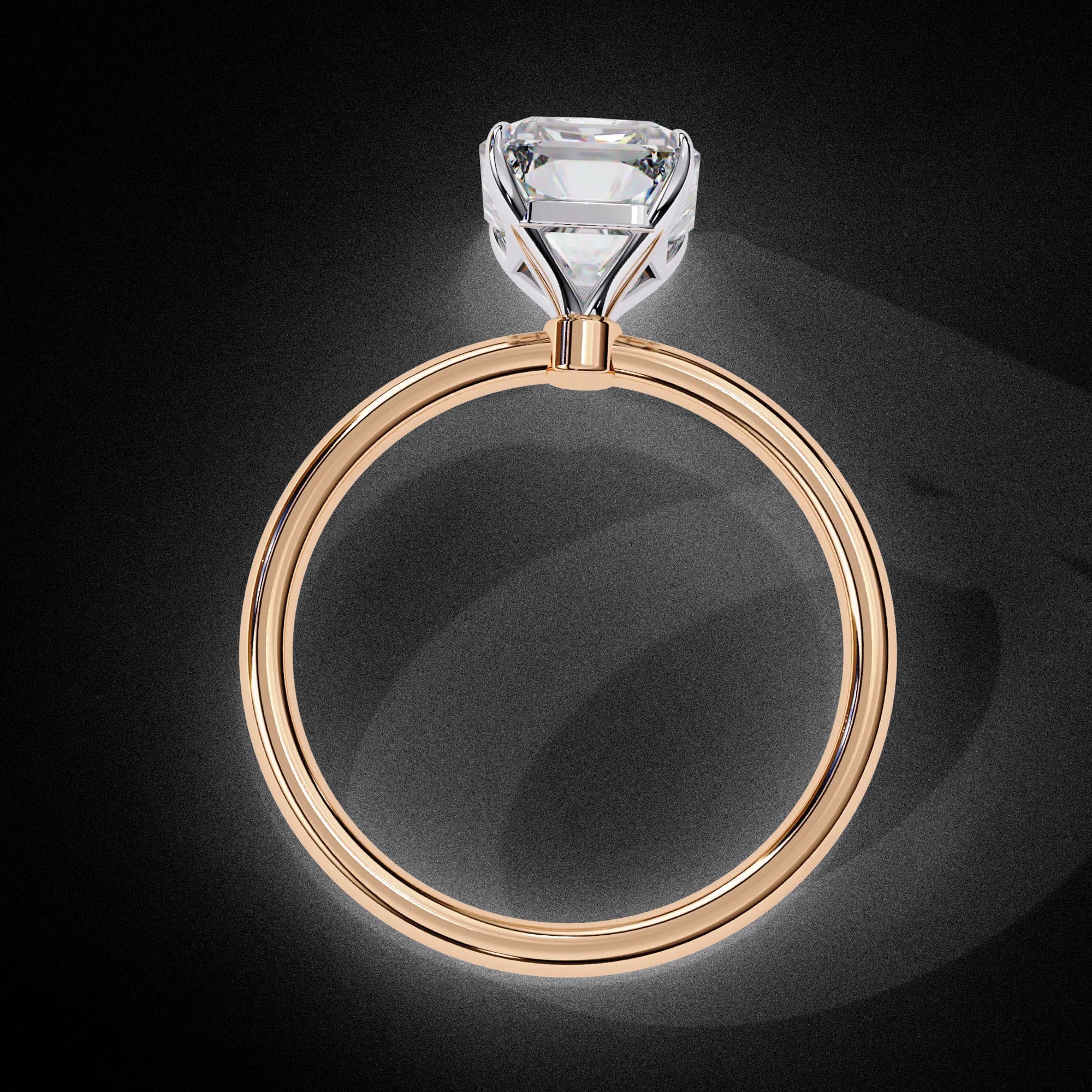 Radiant cut lab grown diamond four-claw solitaire engagement ring in rose gold, through-finger view