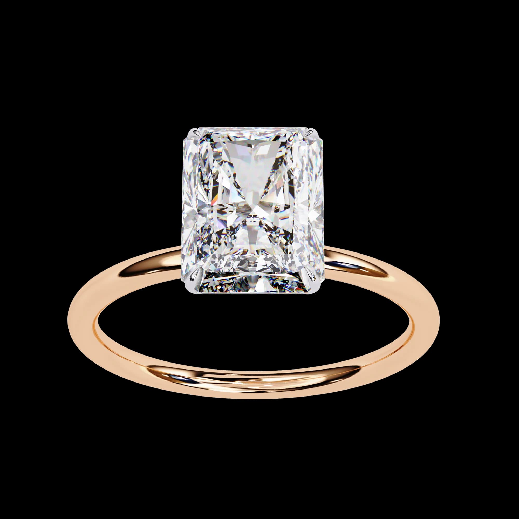 Radiant cut lab grown diamond four-claw solitaire engagement ring in rose gold, angled view
