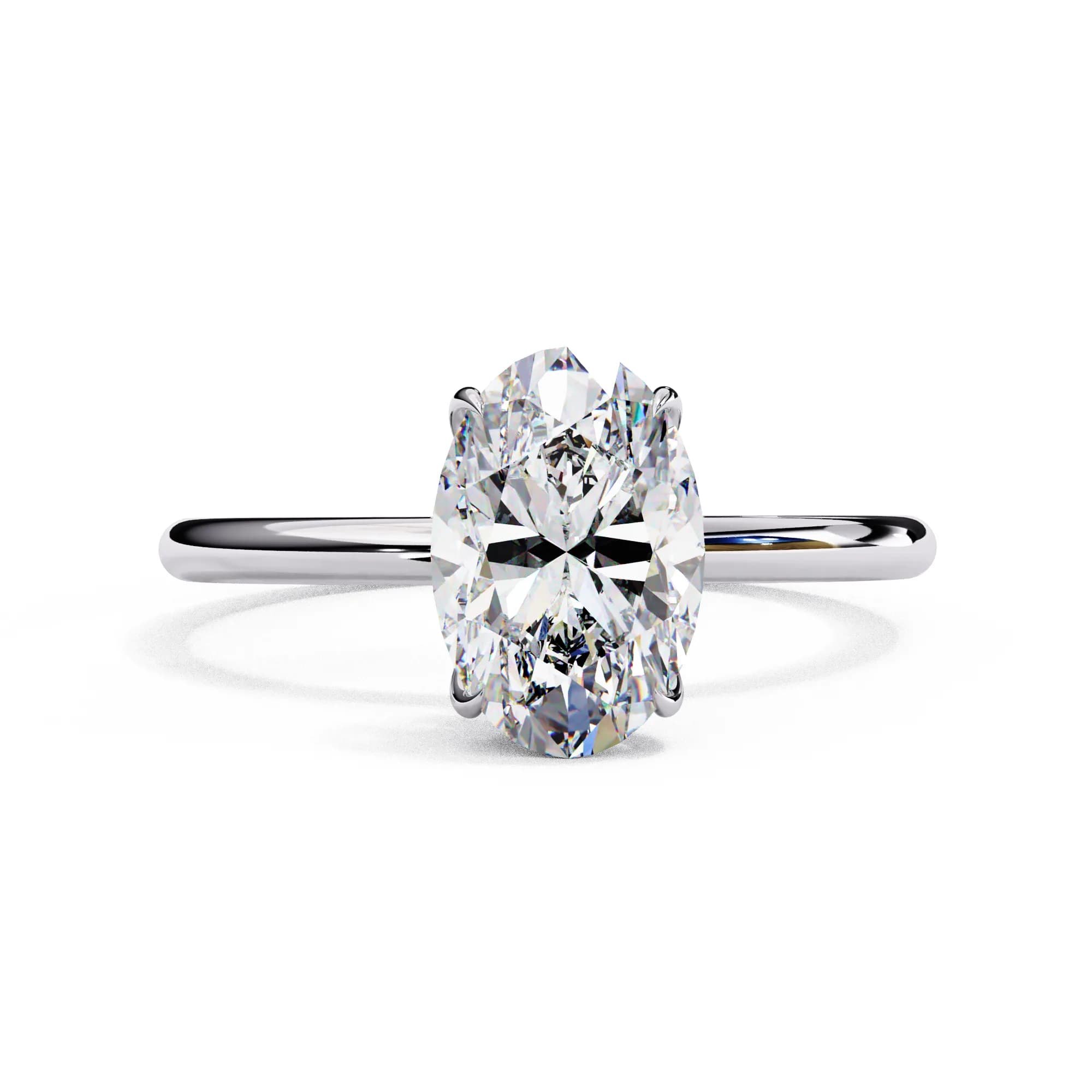Oval lab grown diamond slim band solitaire engagement ring in white gold, front view