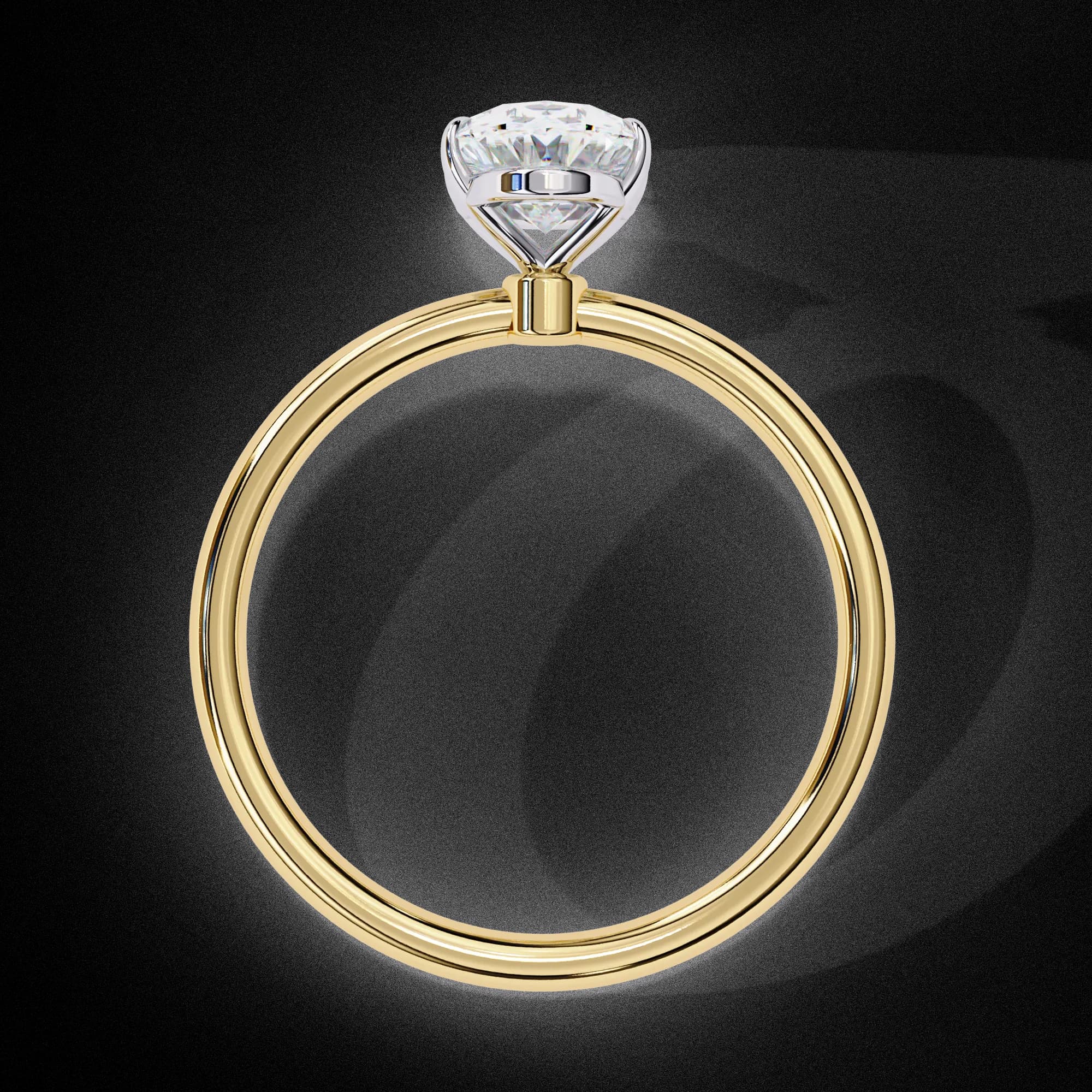 Oval lab grown diamond slim band solitaire engagement ring in yellow gold, through-finger view