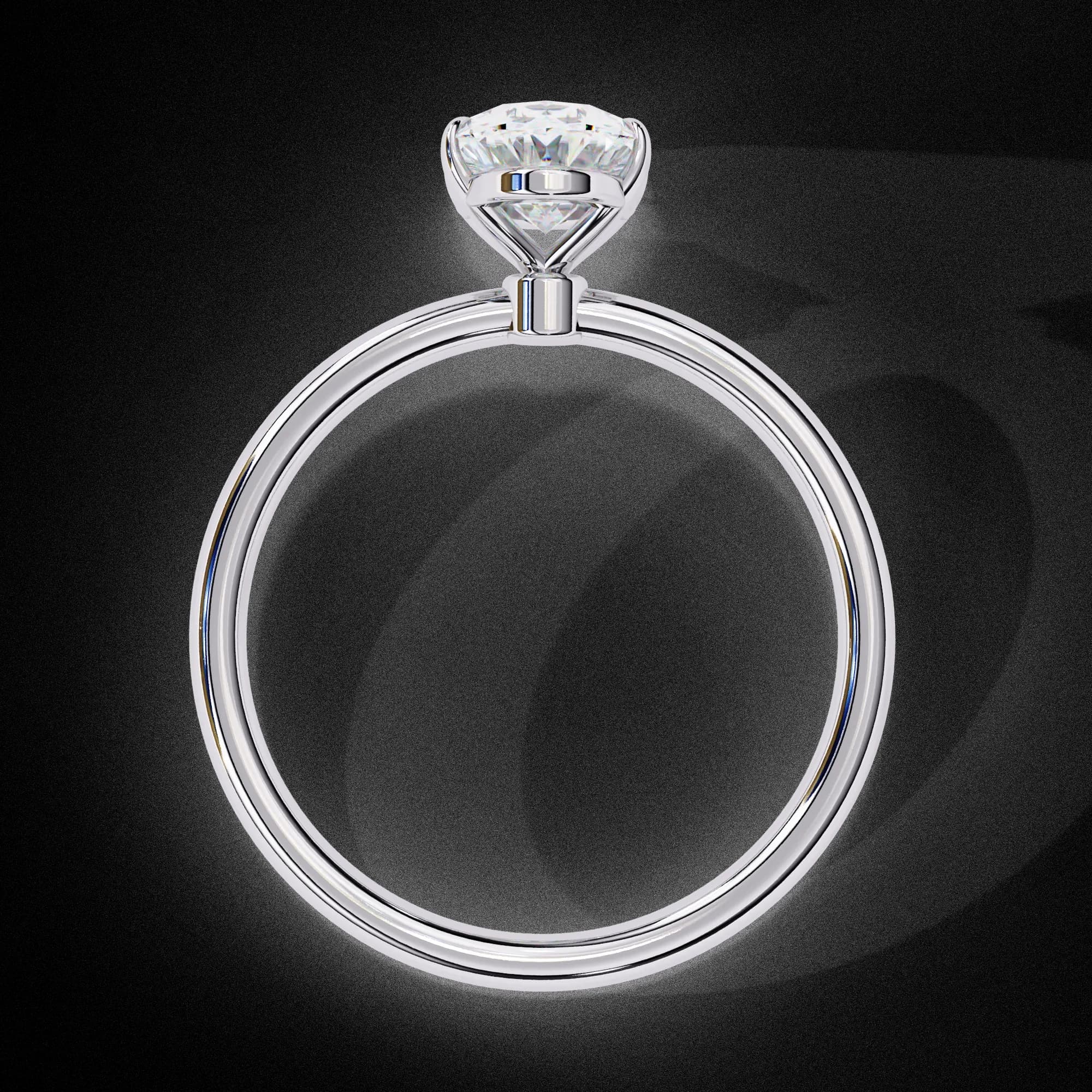 Oval lab grown diamond slim band solitaire engagement ring in white gold, through-finger view