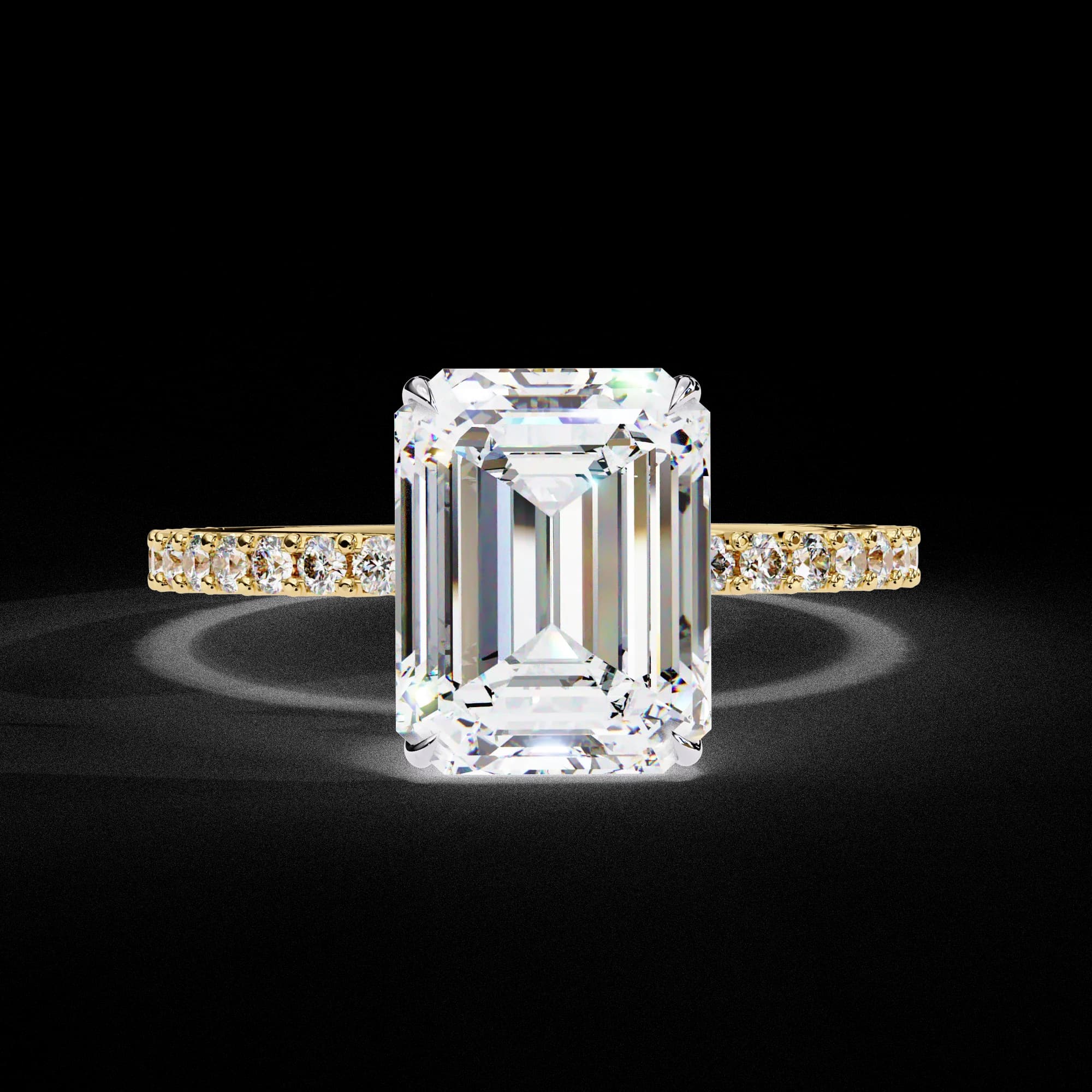 Emerald cut lab grown diamond hidden halo pavé engagement ring in yellow gold, front view