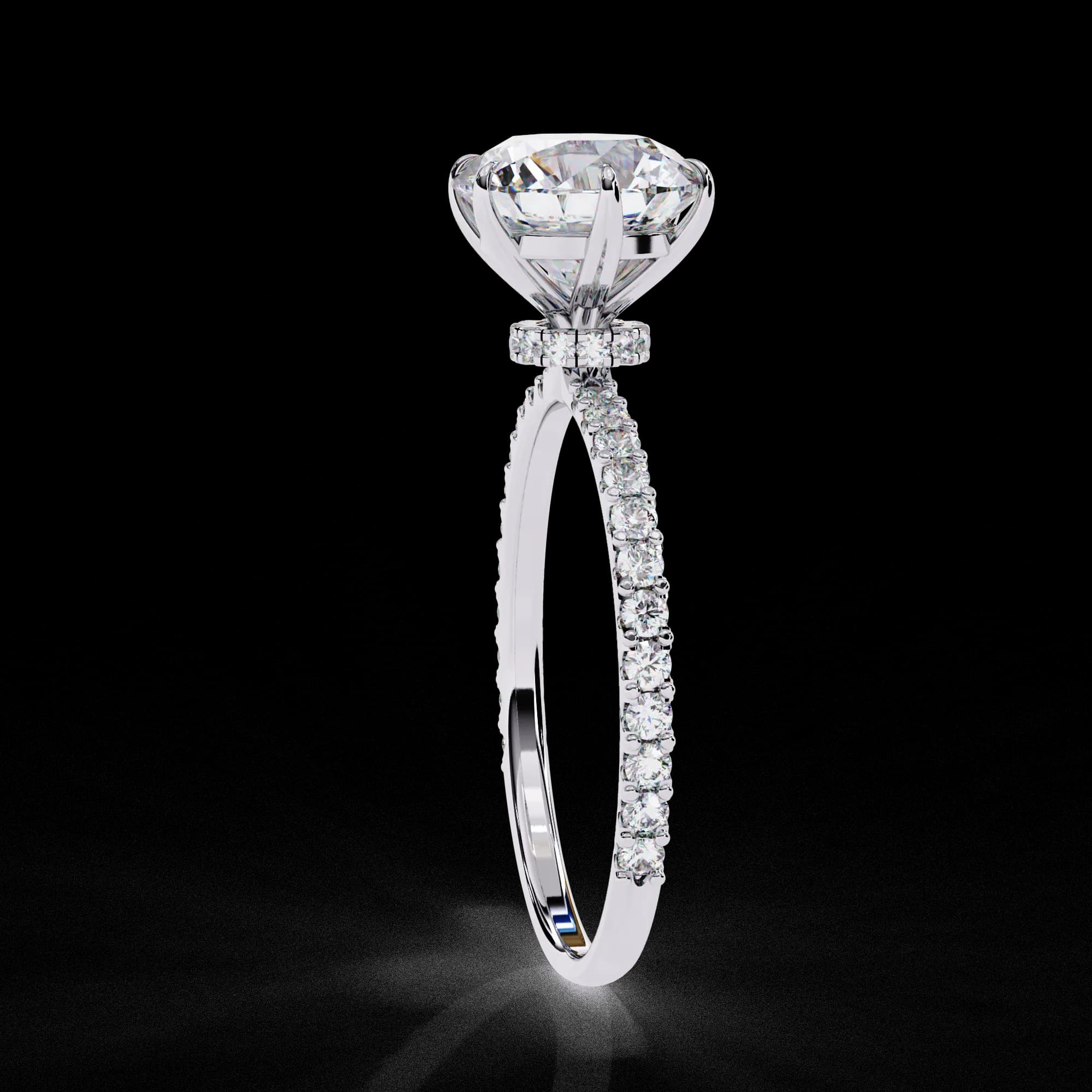 Round lab grown diamond hidden halo pavé engagement ring in white gold, side profile view