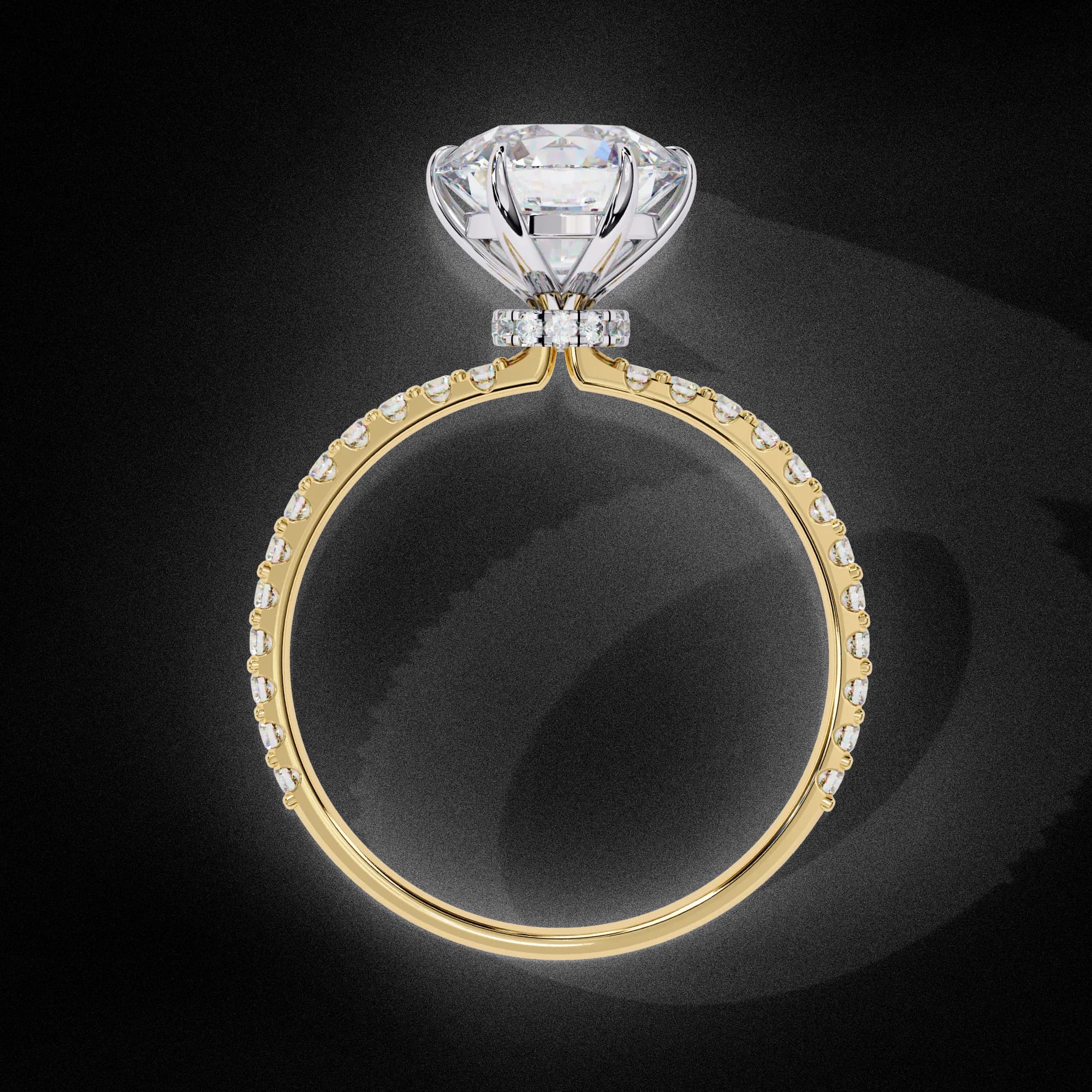 Round lab grown diamond hidden halo pavé engagement ring in yellow gold, through-finger view