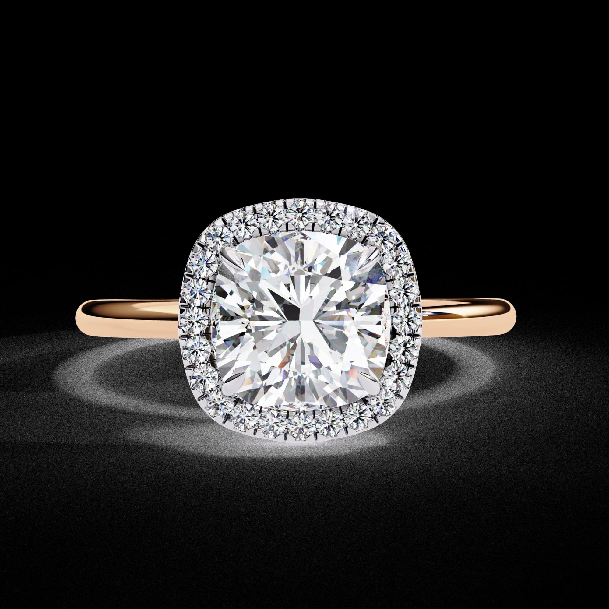Cushion cut lab grown diamond halo engagement ring in rose gold, front view