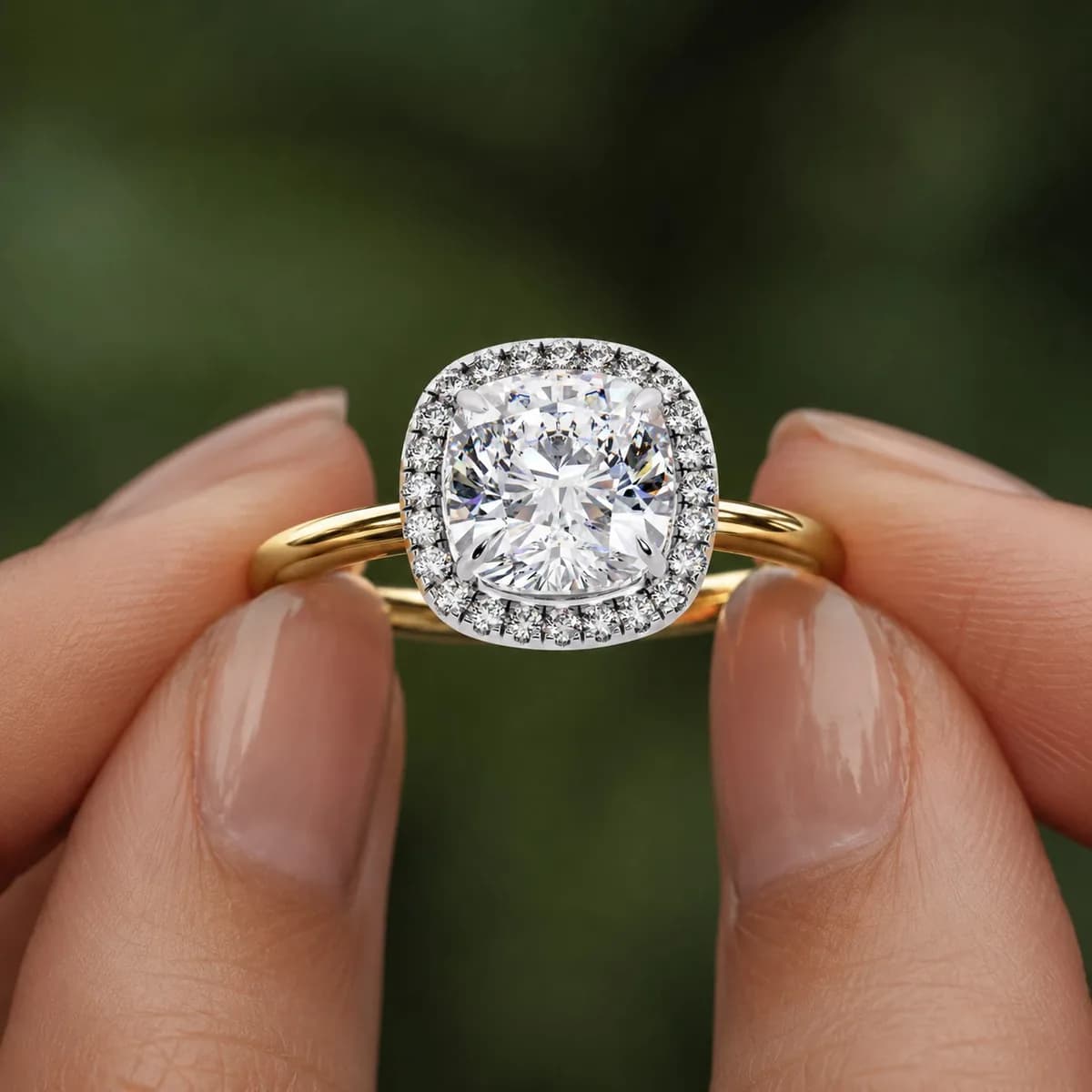 Cushion cut lab grown diamond halo engagement ring in yellow gold held between fingertips