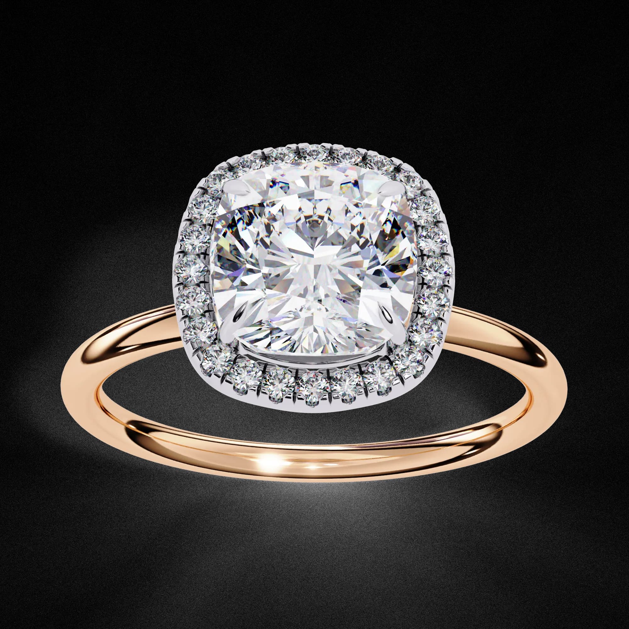 Cushion cut lab grown diamond halo engagement ring in rose gold, angled view