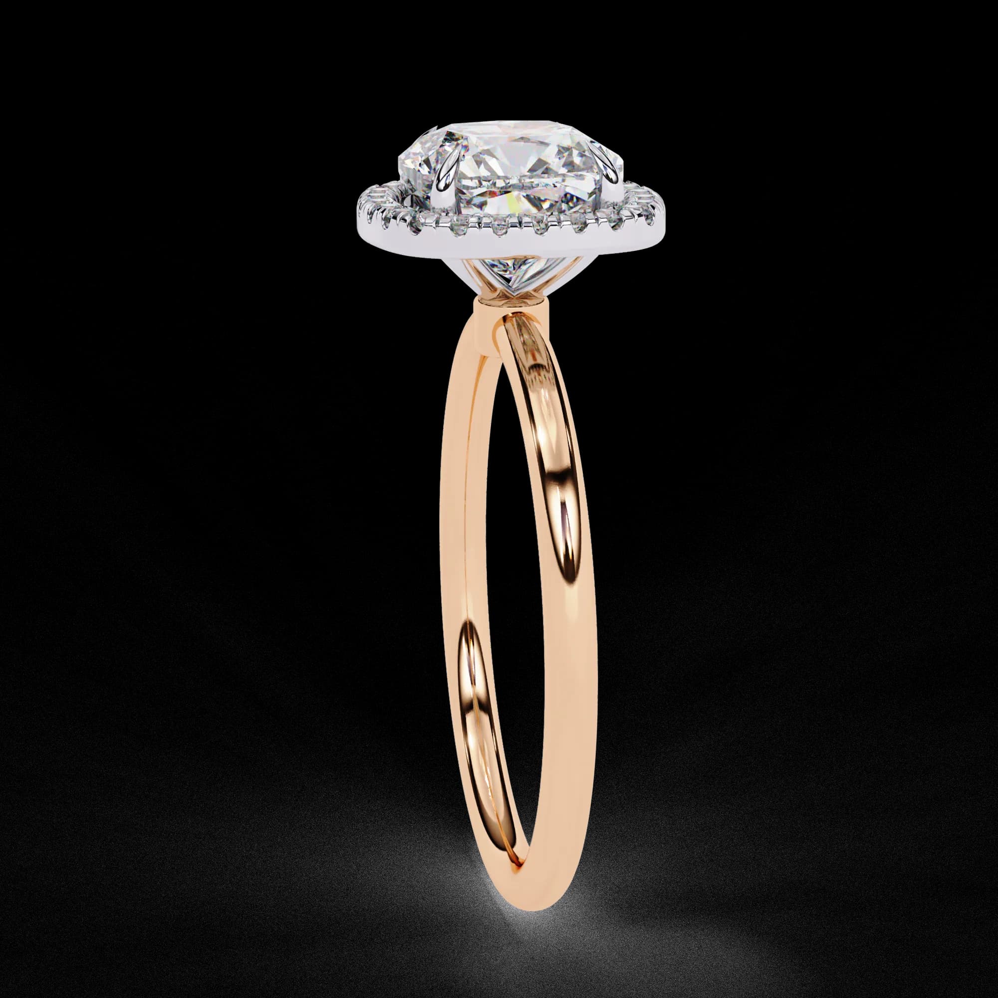 Cushion cut lab grown diamond halo engagement ring in rose gold, side profile view