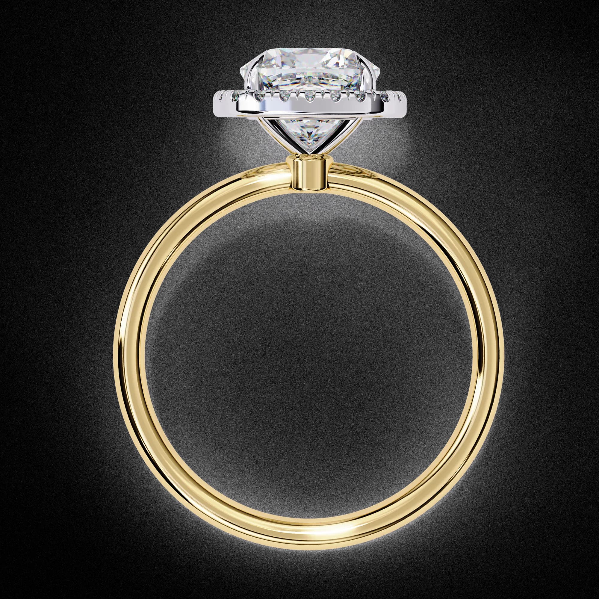 Cushion cut lab grown diamond halo engagement ring in yellow gold, through-finger view