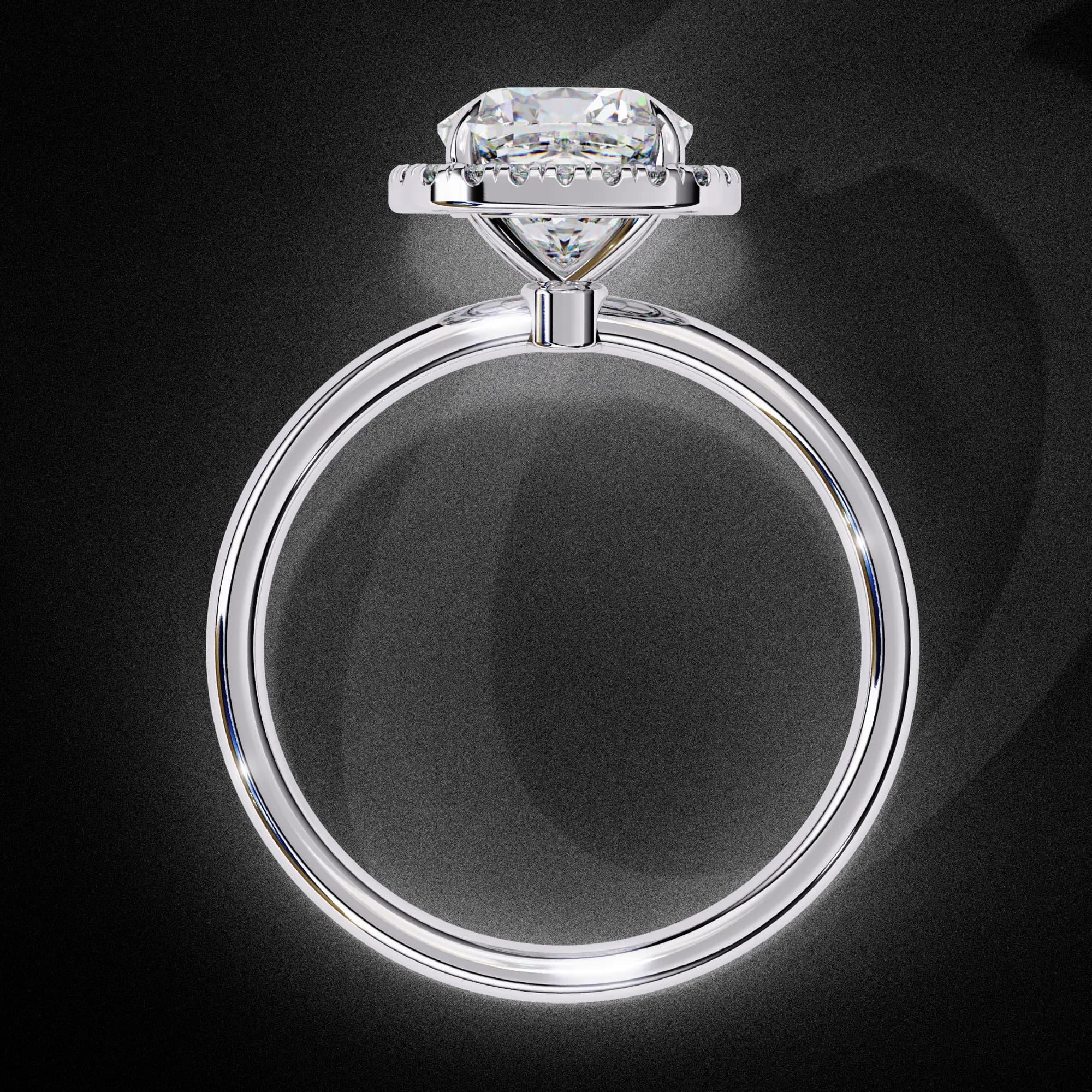 Cushion cut lab grown diamond halo engagement ring in white gold, through-finger view