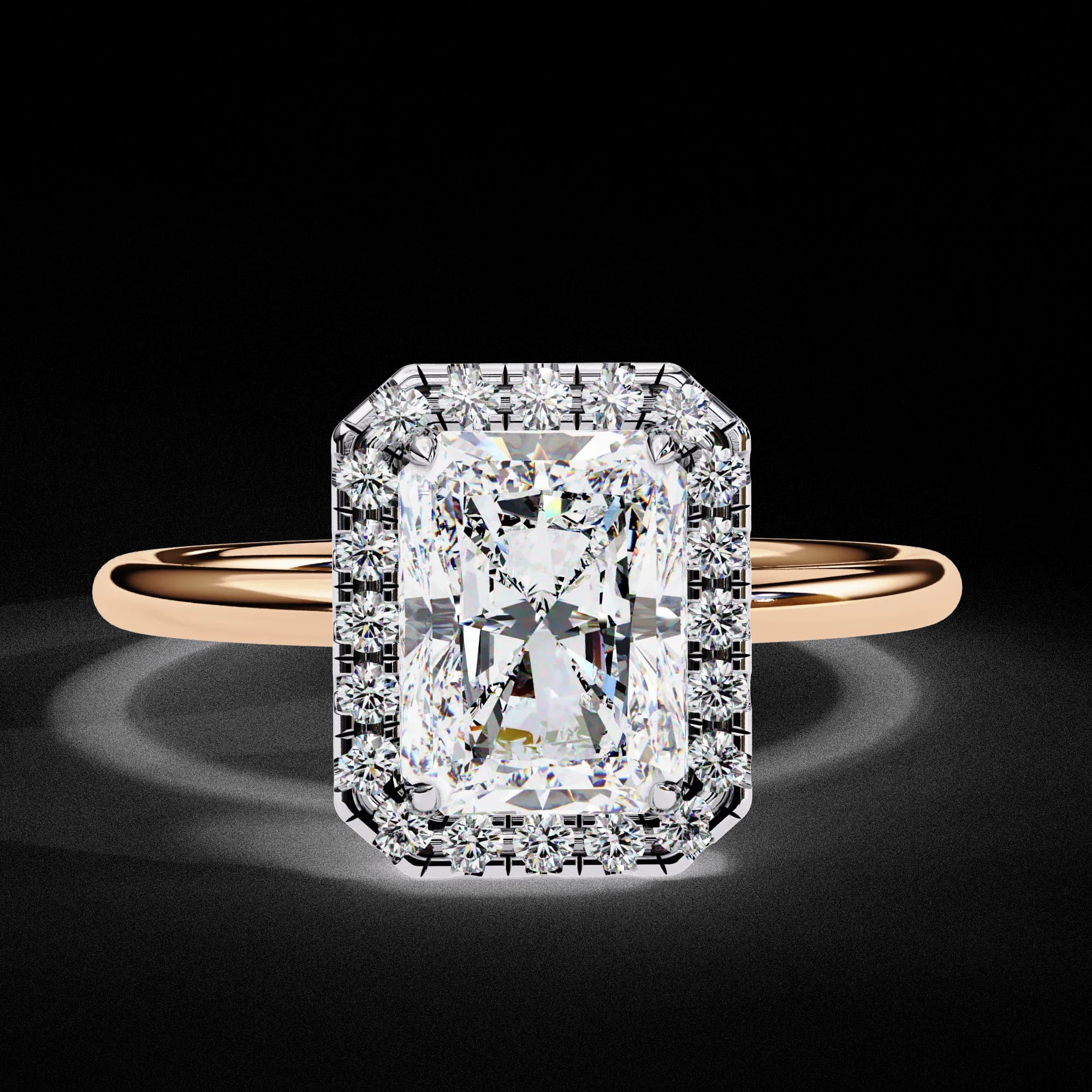 Radiant cut lab grown diamond halo engagement ring in rose gold, front view