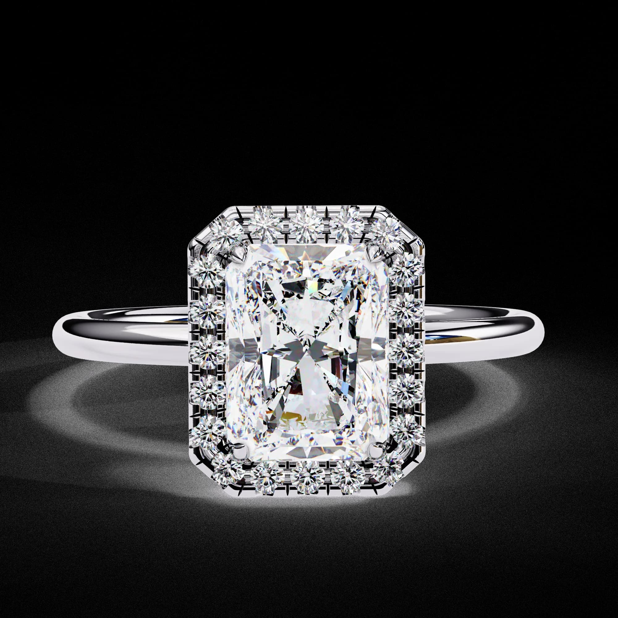 Radiant cut lab grown diamond halo engagement ring in white gold, front view