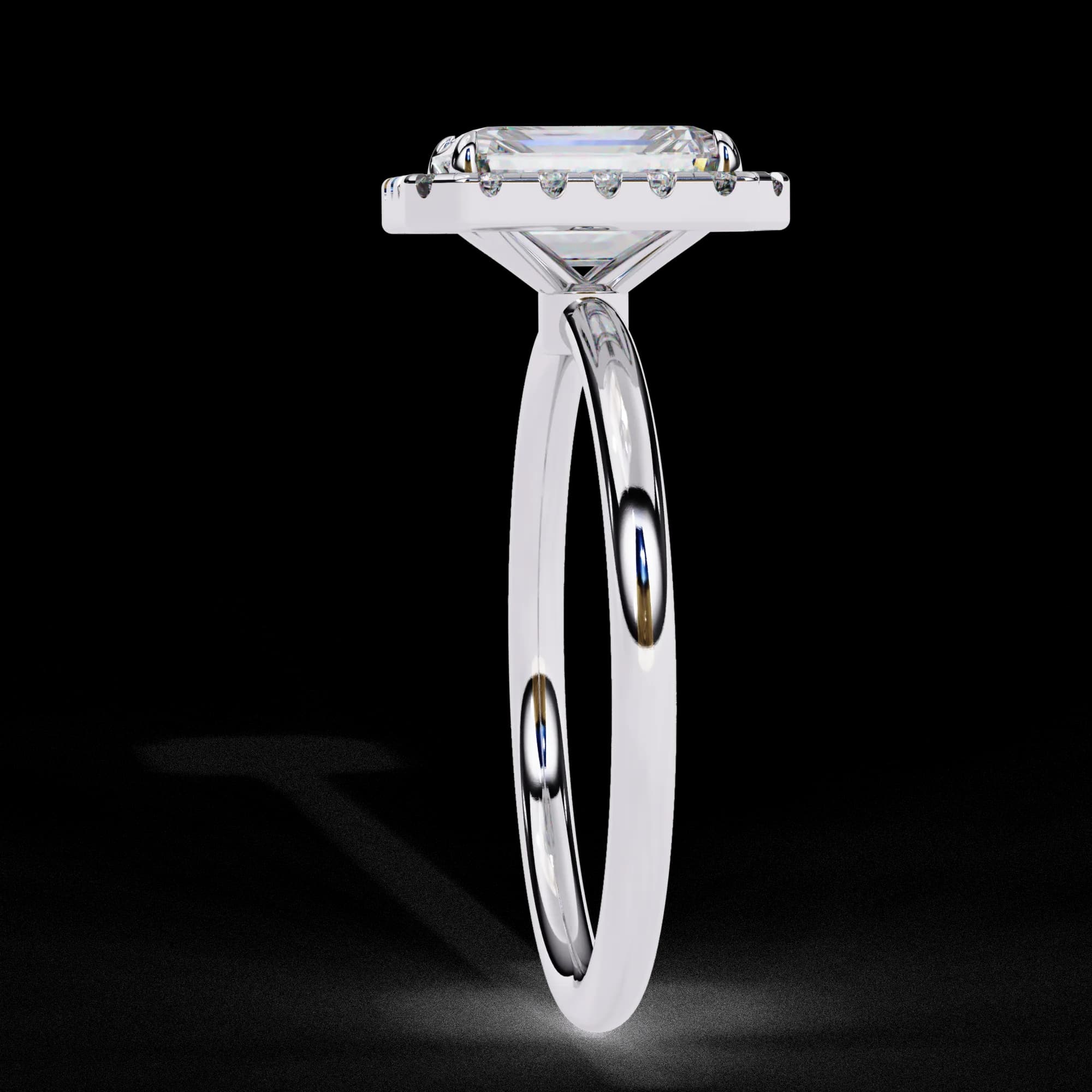 Radiant cut lab grown diamond halo engagement ring in white gold, side profile view
