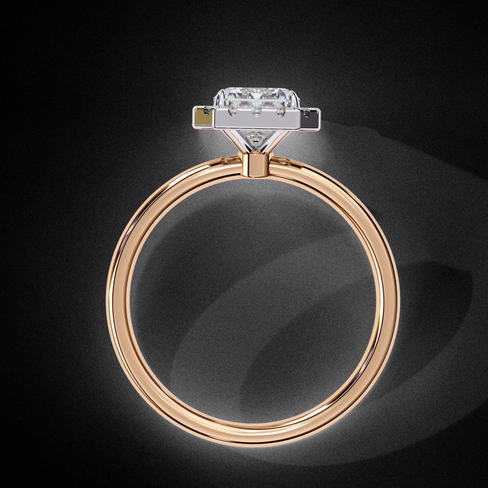 Radiant cut lab grown diamond halo engagement ring in rose gold, through-finger view