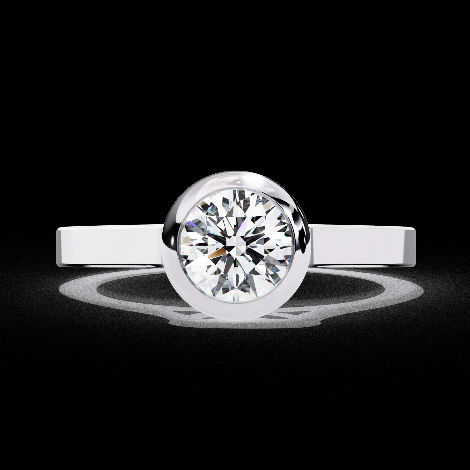 Round lab grown diamond bezel set solitaire engagement ring in white gold, front view