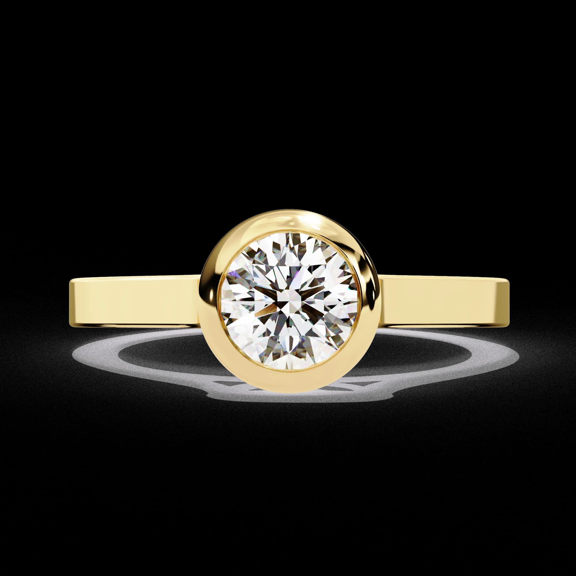 Round lab grown diamond bezel set solitaire engagement ring in yellow gold, front view