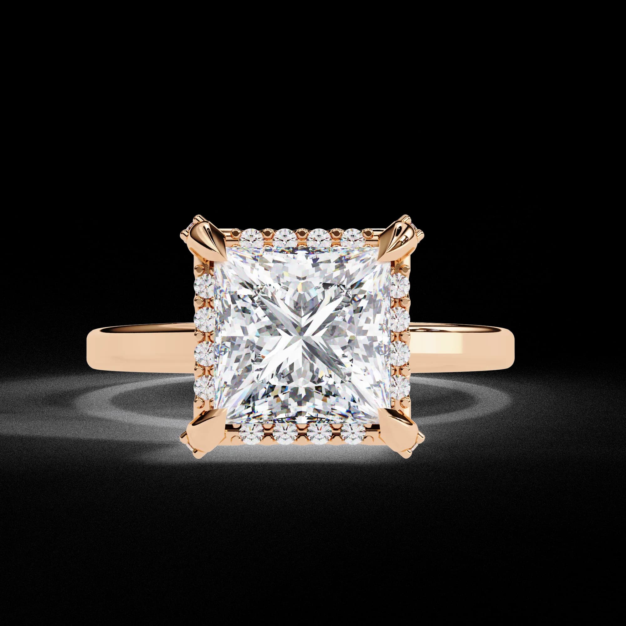 Princess cut lab grown diamond low halo engagement ring in rose gold, front view