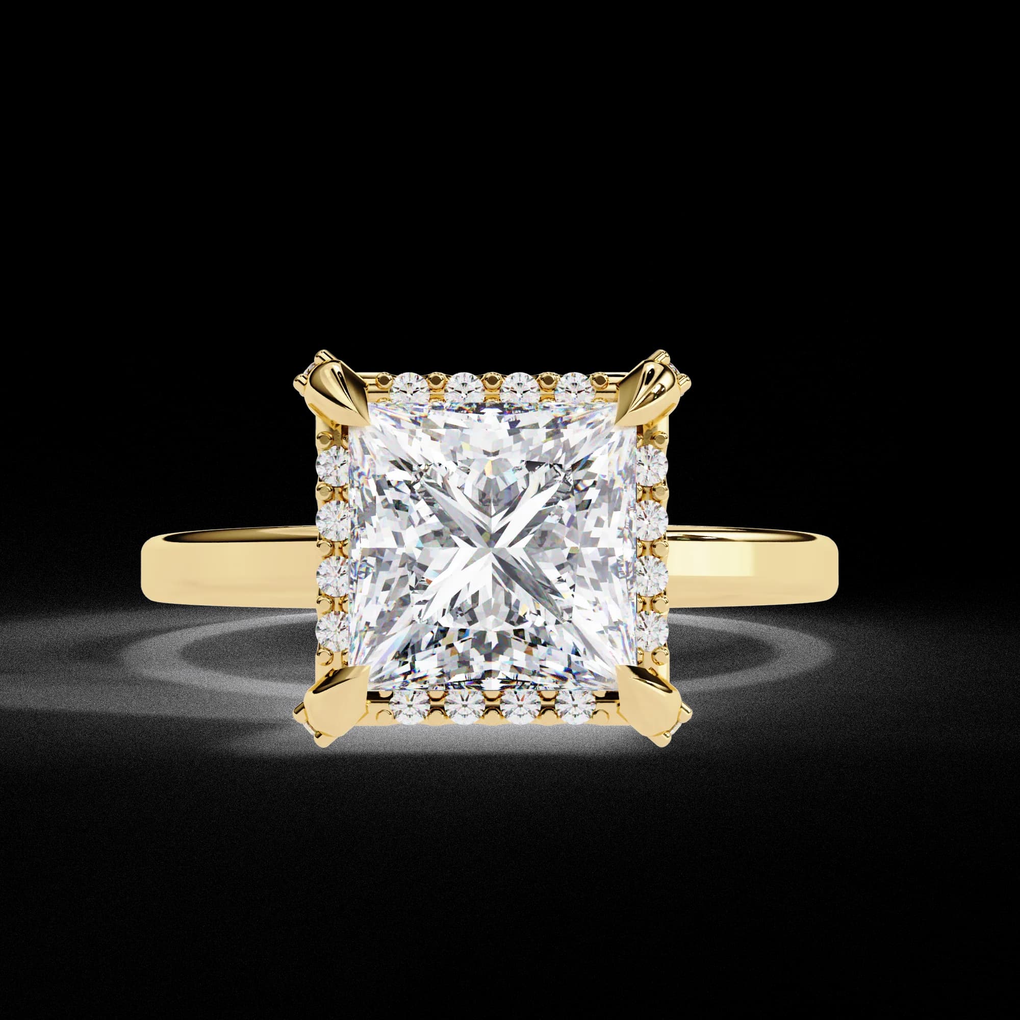 Princess cut lab grown diamond low halo engagement ring in yellow gold, front view