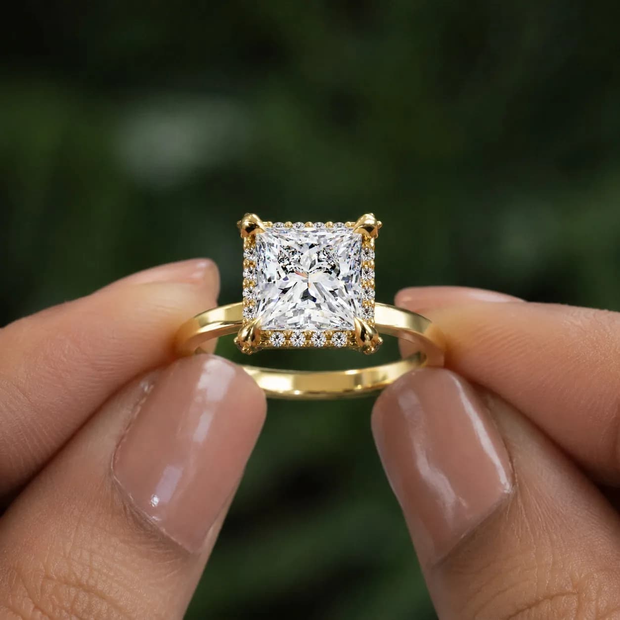 Princess cut lab grown diamond low halo engagement ring in yellow gold held between fingertips
