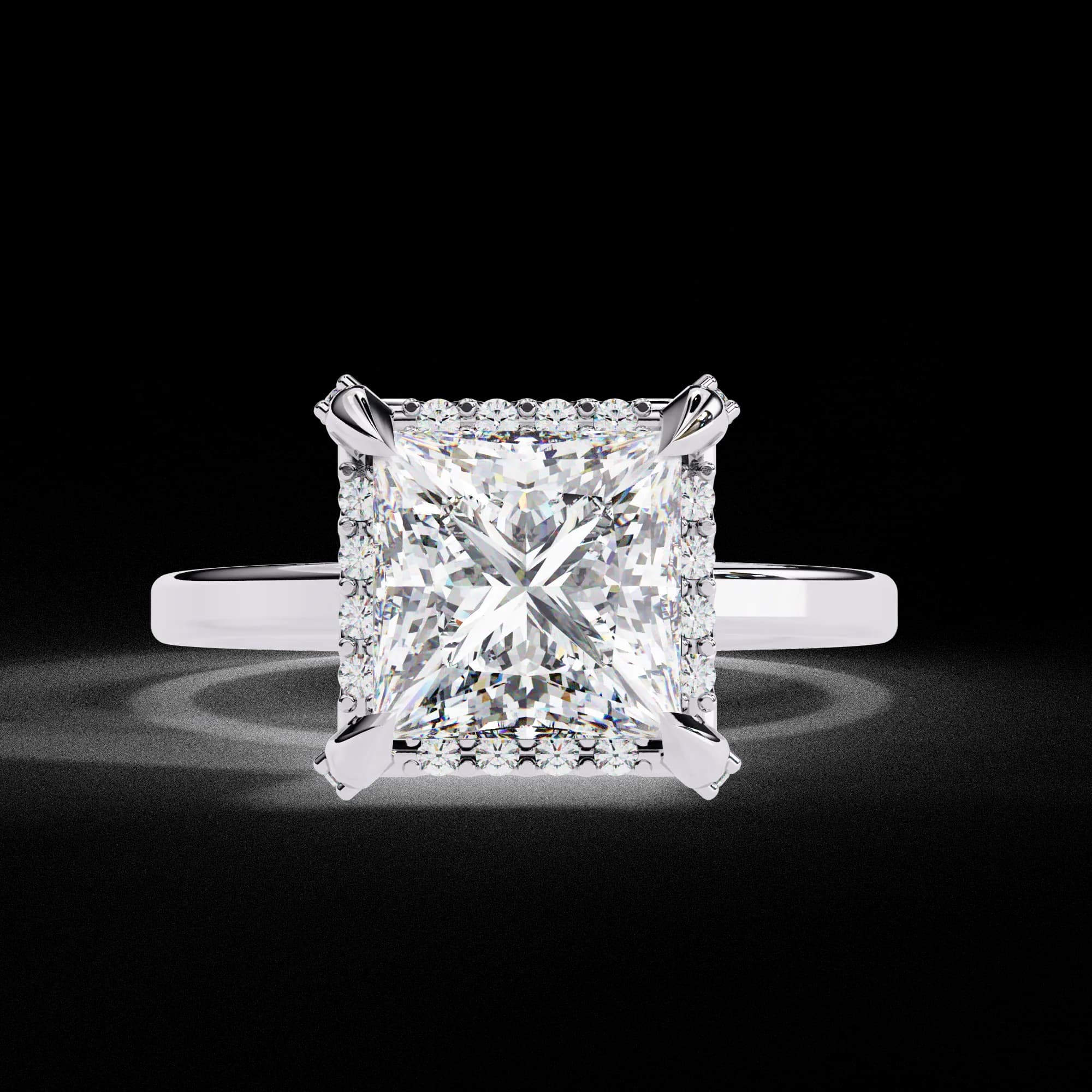 Princess cut lab grown diamond low halo engagement ring in white gold, front view